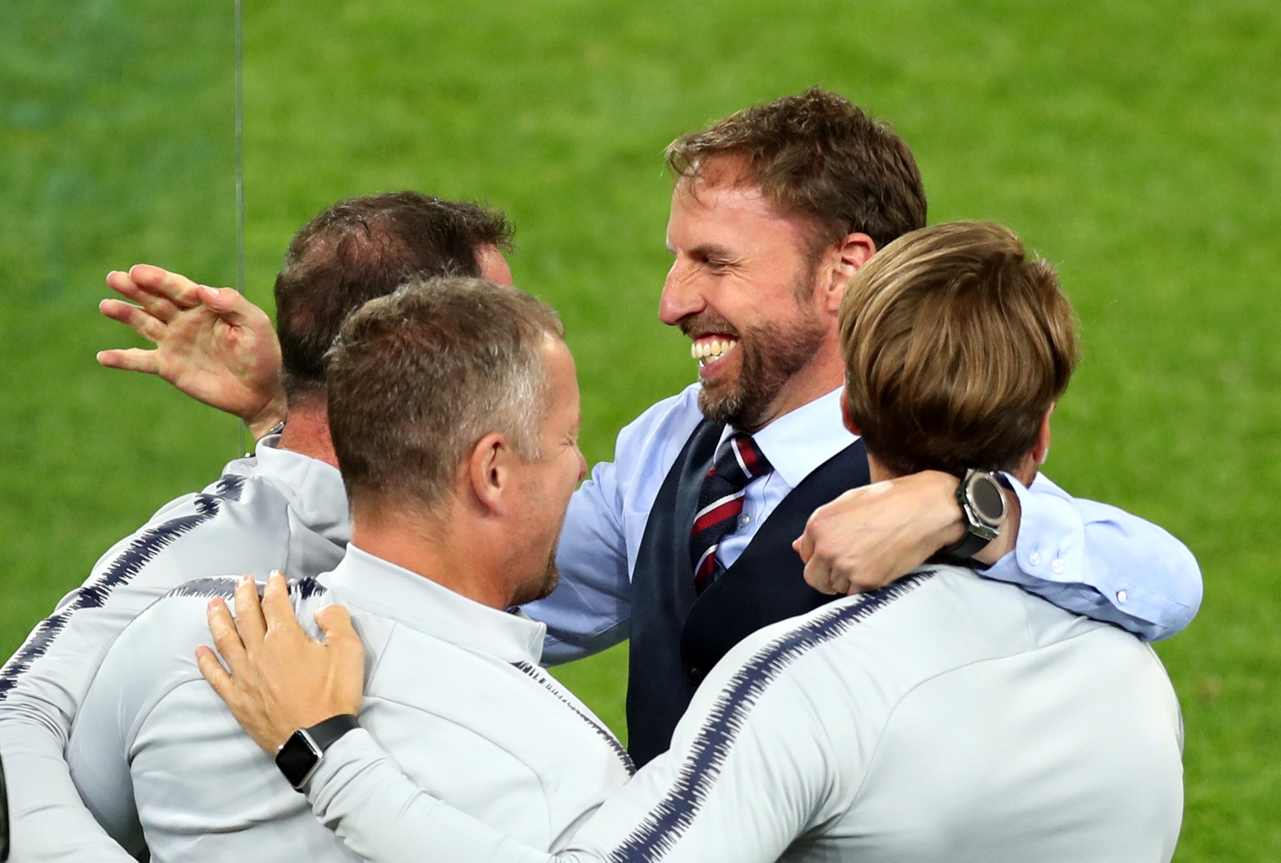 Southgate celebrates with his backroom staff after England’s win over Colombia