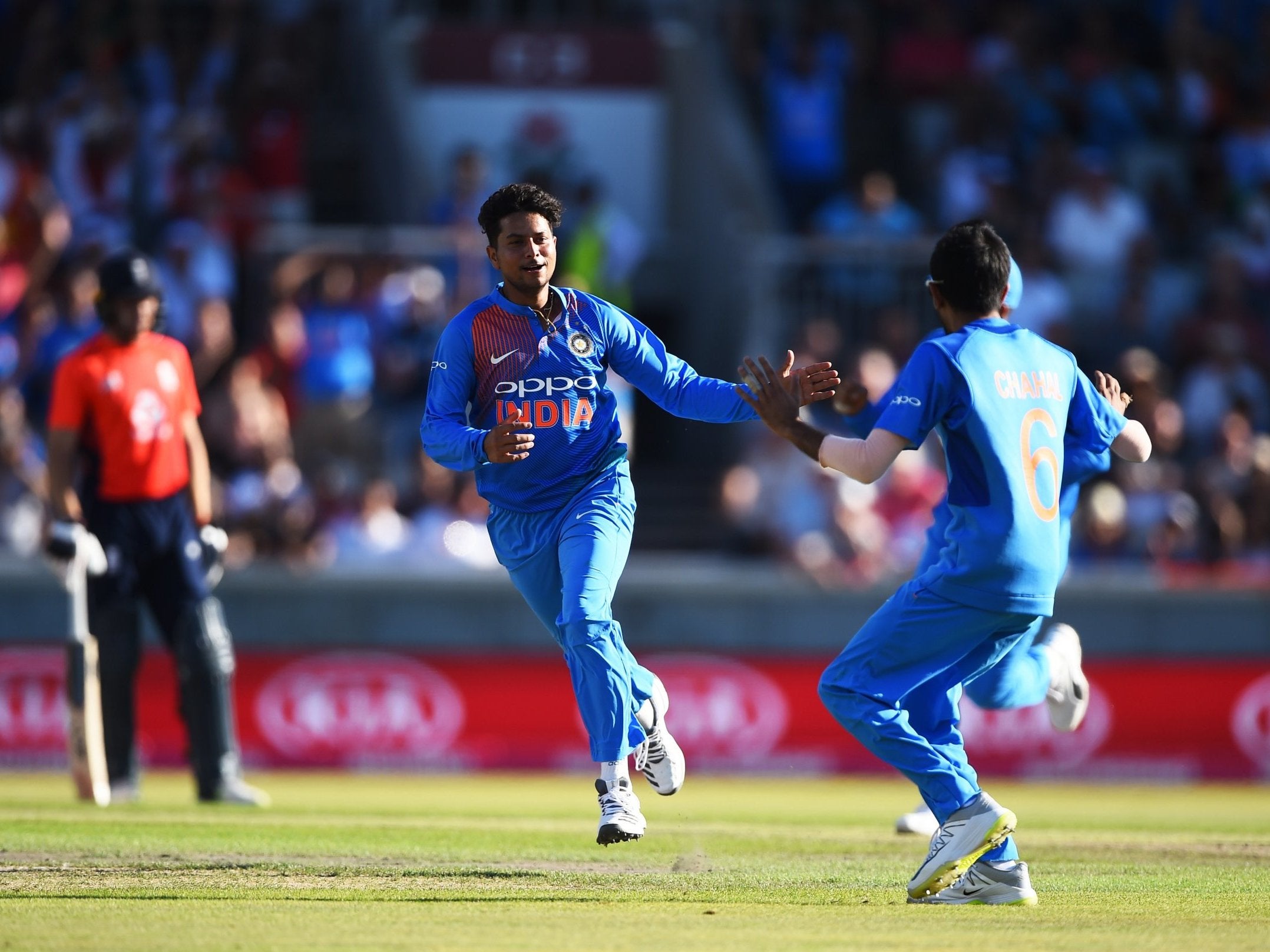 Kuldeep Yadav celebrates the wicket of Jonny Bairstow