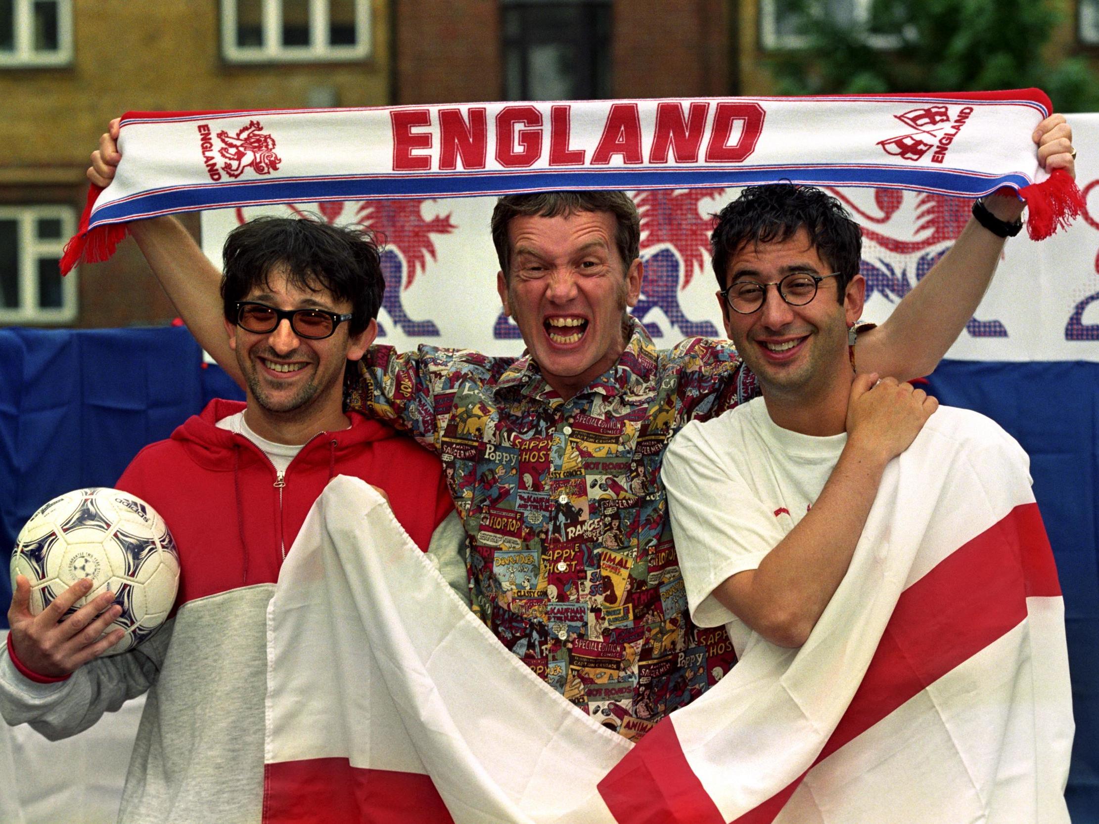 Ian Broudie of The Lightening Seeds with comedians Frank Skinner and David Baddiel