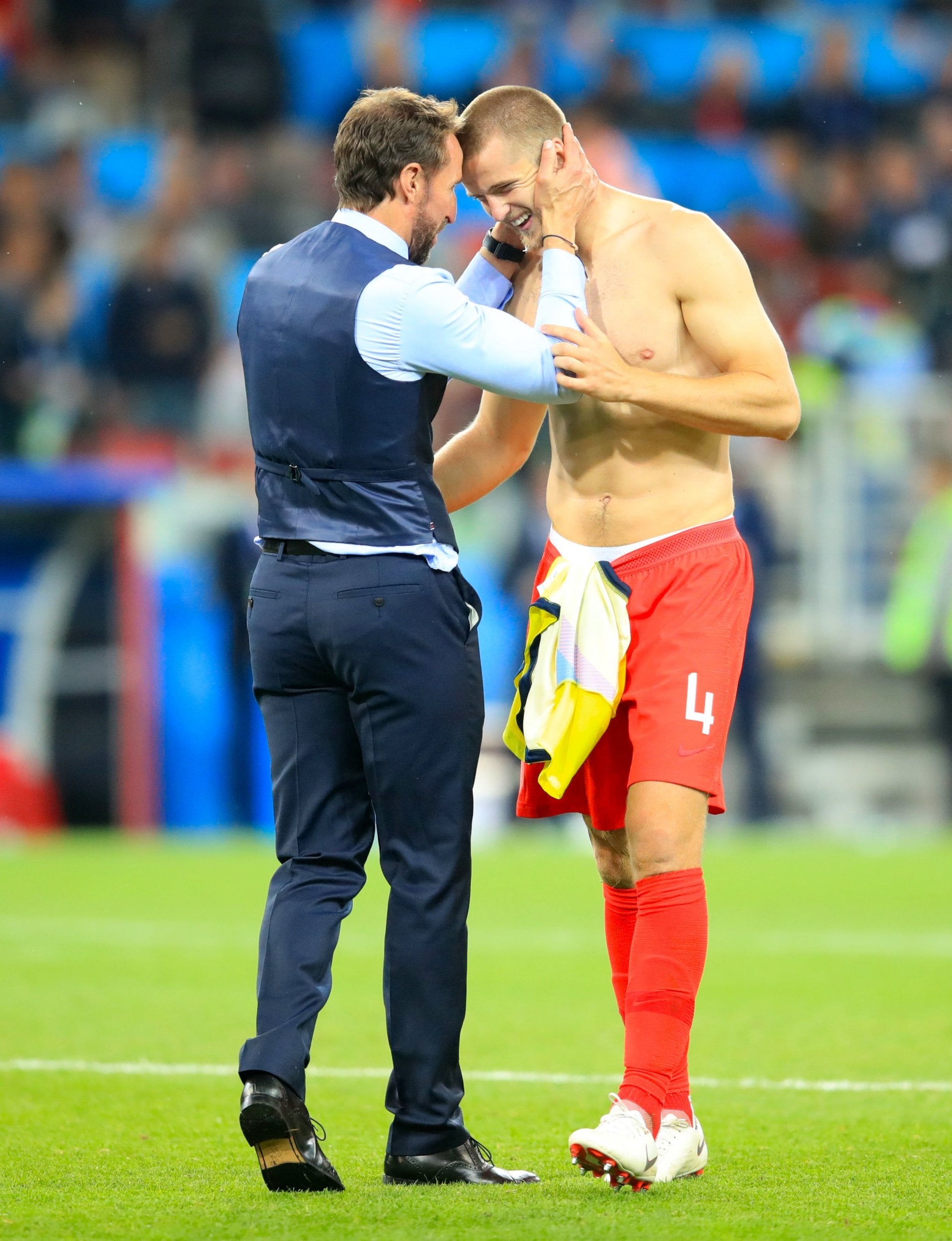 England manager Gareth Southgate celebrates with England's Eric Dier after he scores the winning penalty