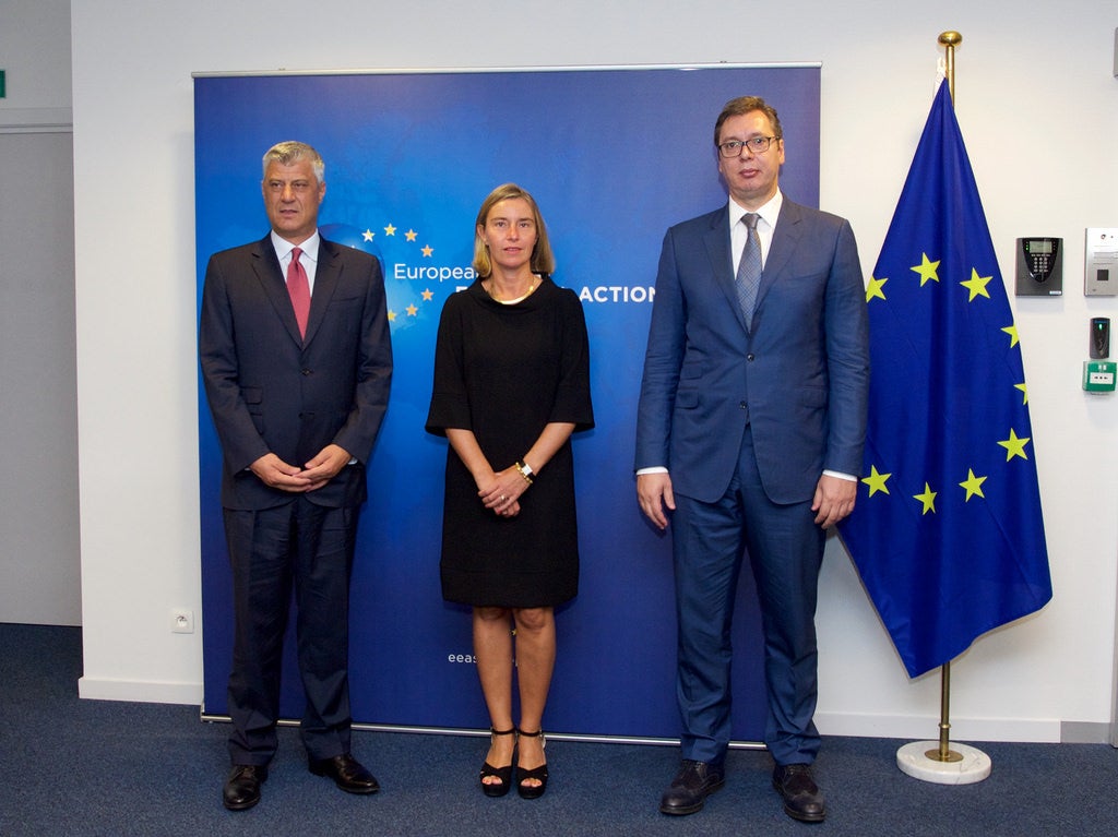 Aleksandar Vucic (right), president of Serbia, met with Hashim Thaci, president of Kosovo, and EU foreign affairs representative Federica Mogherini