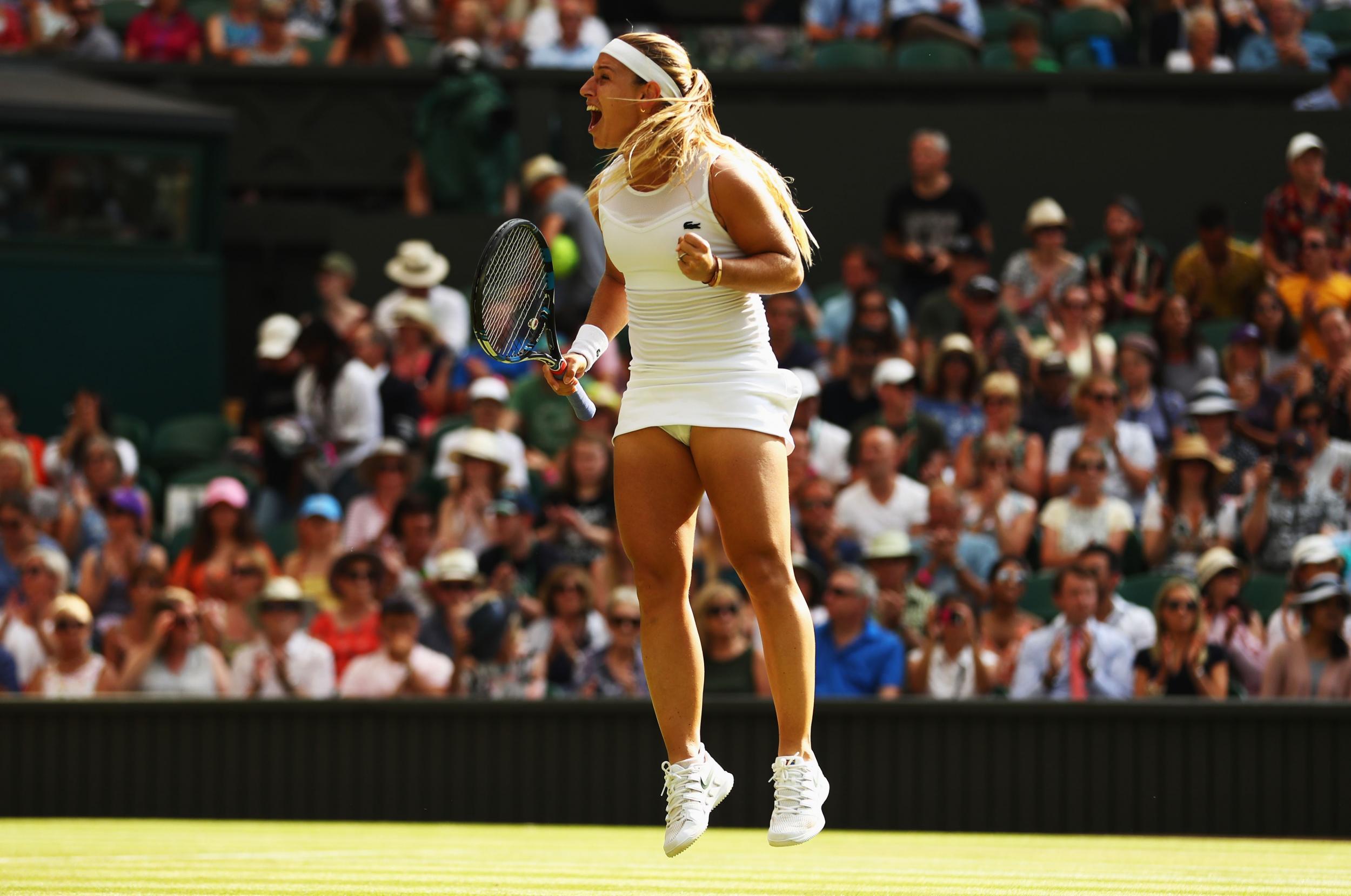 Dominika Cibulkova celebrates after securing the win