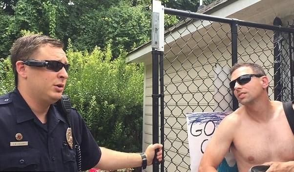 Video showing Adam Bloom (right) after he called police because a black mother, Jasmine Edwards, was using the neighbourhood pool