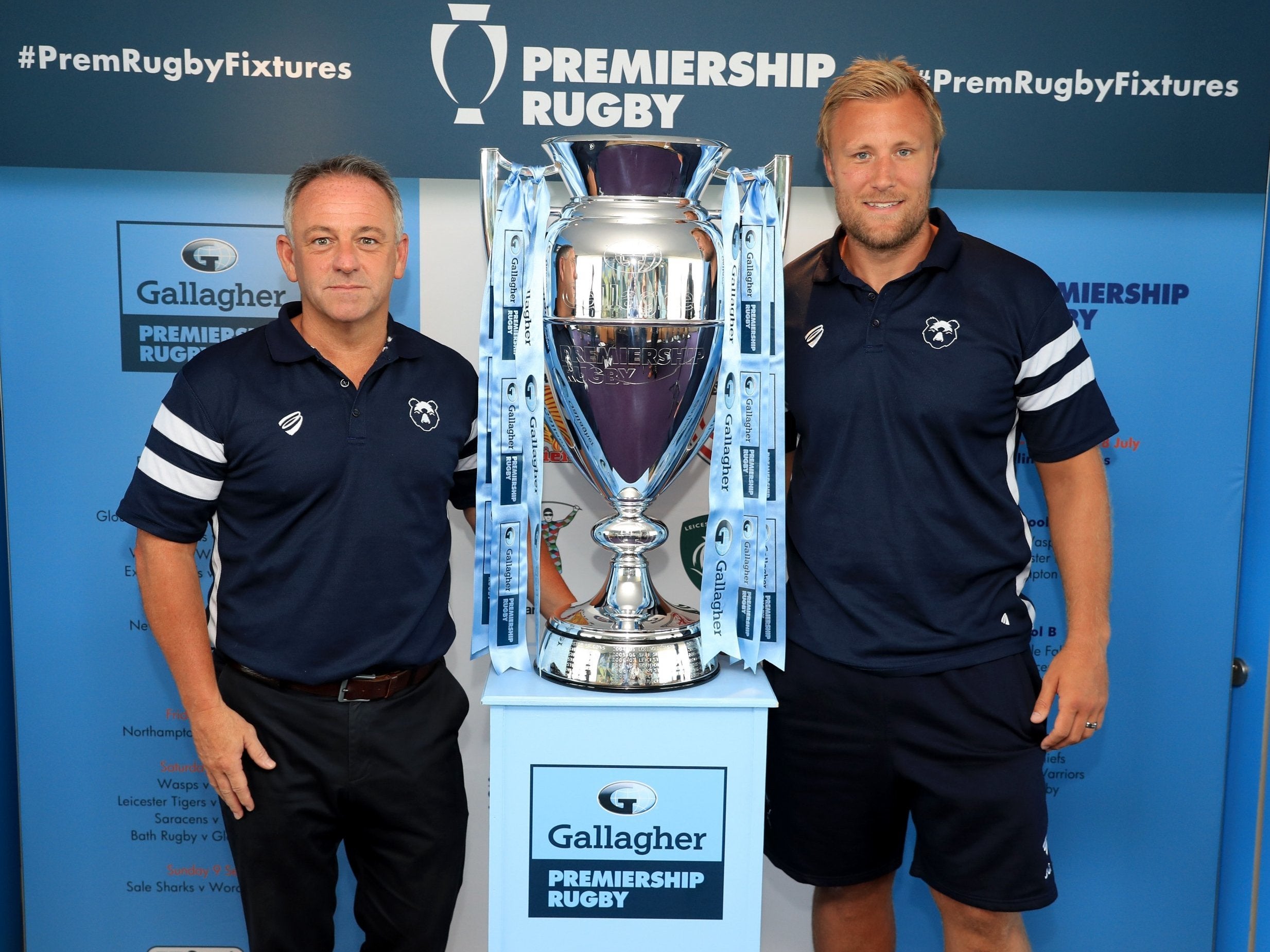 Bristol head coach Mark Tainton and Jordan Crane at the announcement of the Gallagher Premiership fixtures