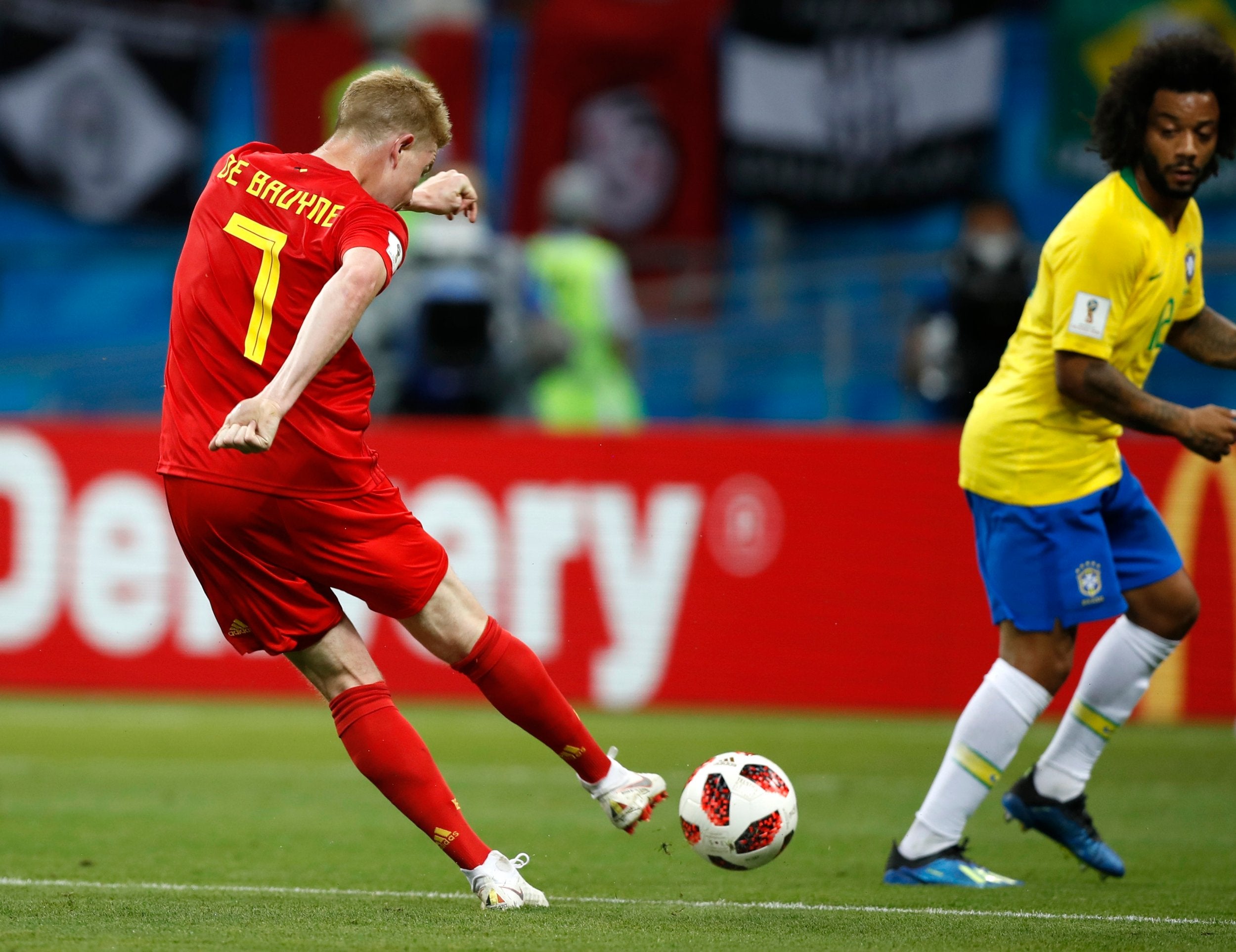 Belgium's Kevin De Bruyne scores his side's second goal against Brazil