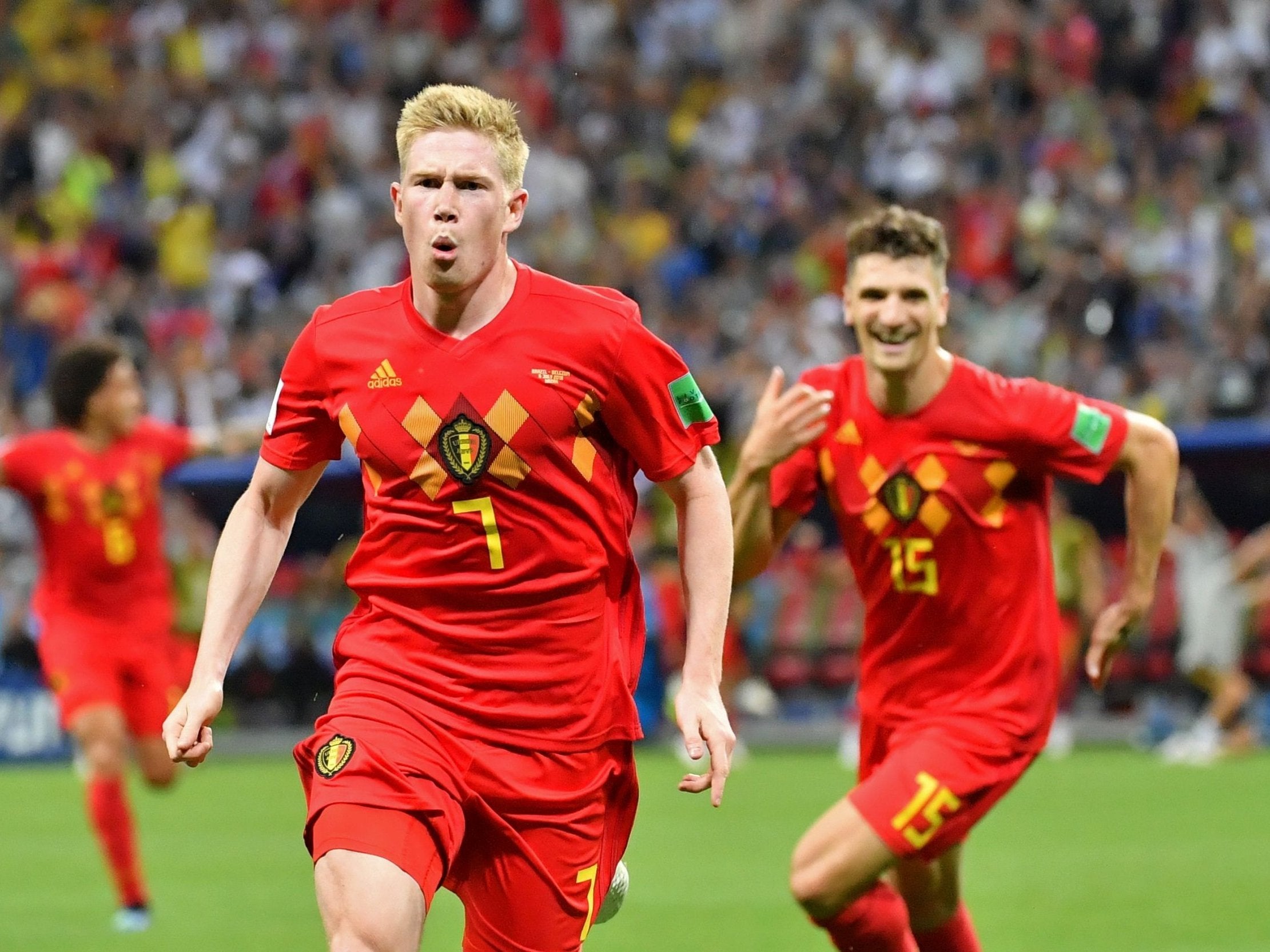 Belgium's midfielder Kevin De Bruyne celebrates after scoring his team's second goal