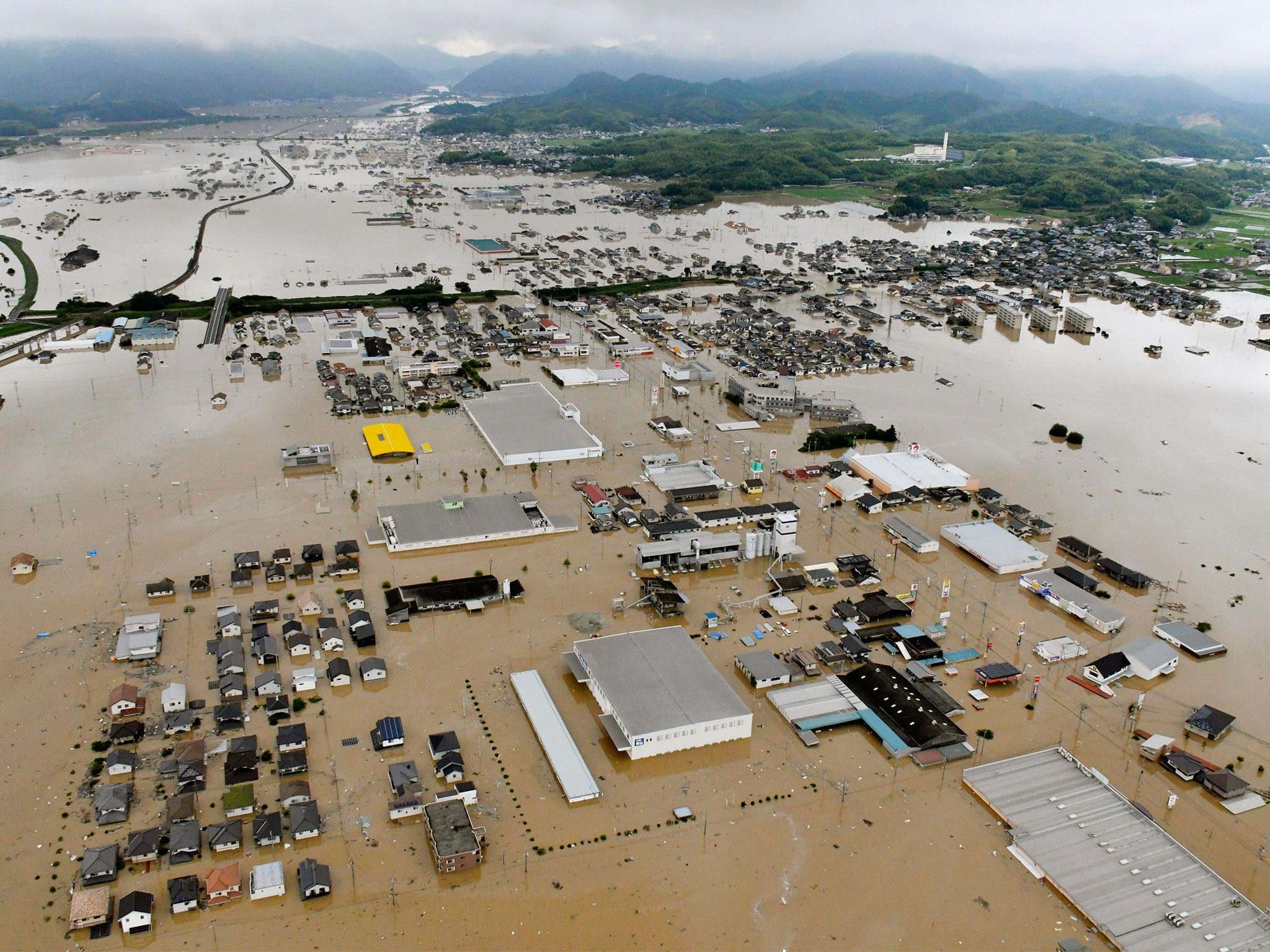 Kurashiki in Okayama prefecture is partially submerged in floodwater