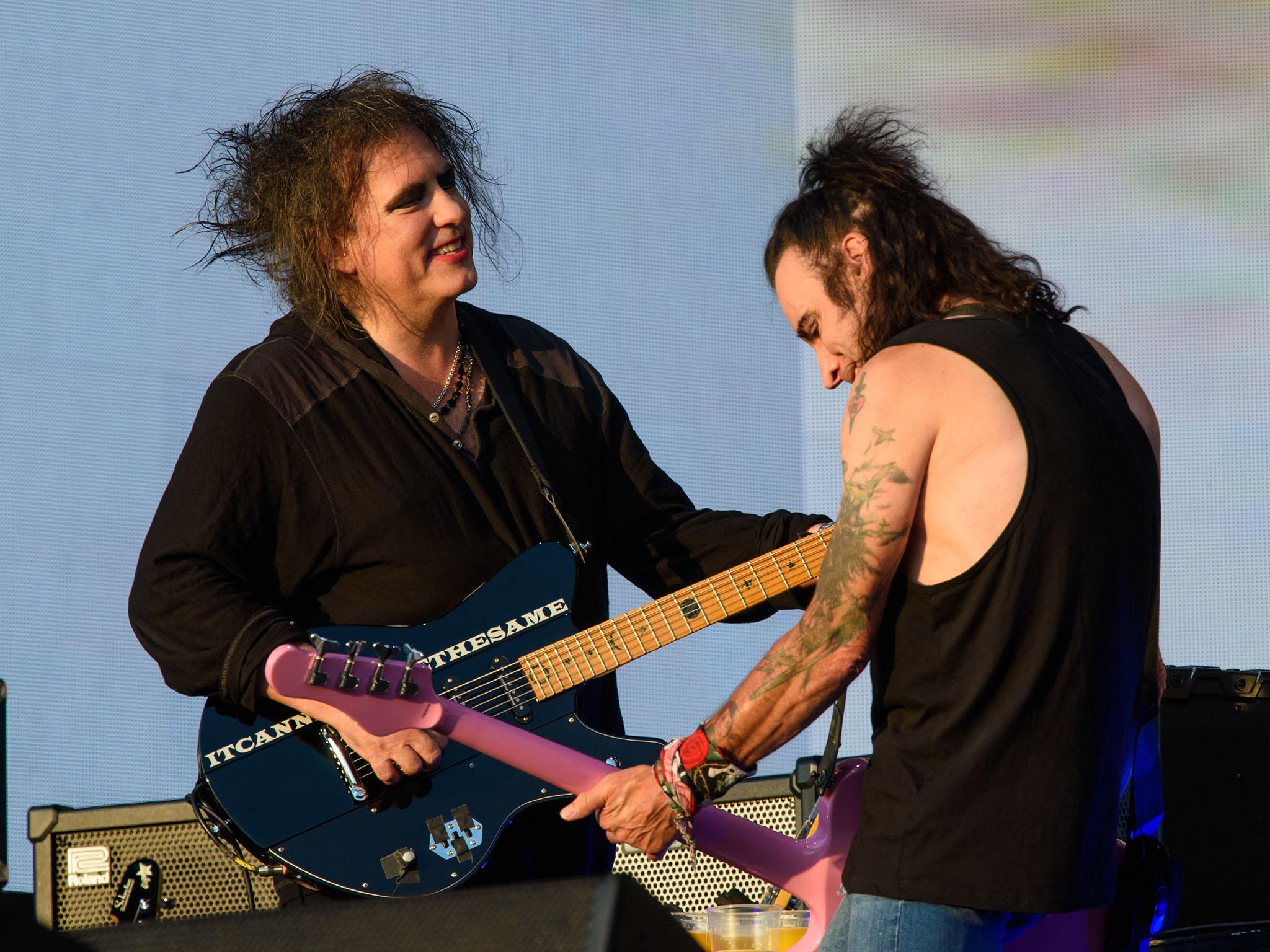 Smith and Simon Gallup performing at The Cure’s headline show at British Summer Time Festival, Hyde Park, in July 2018