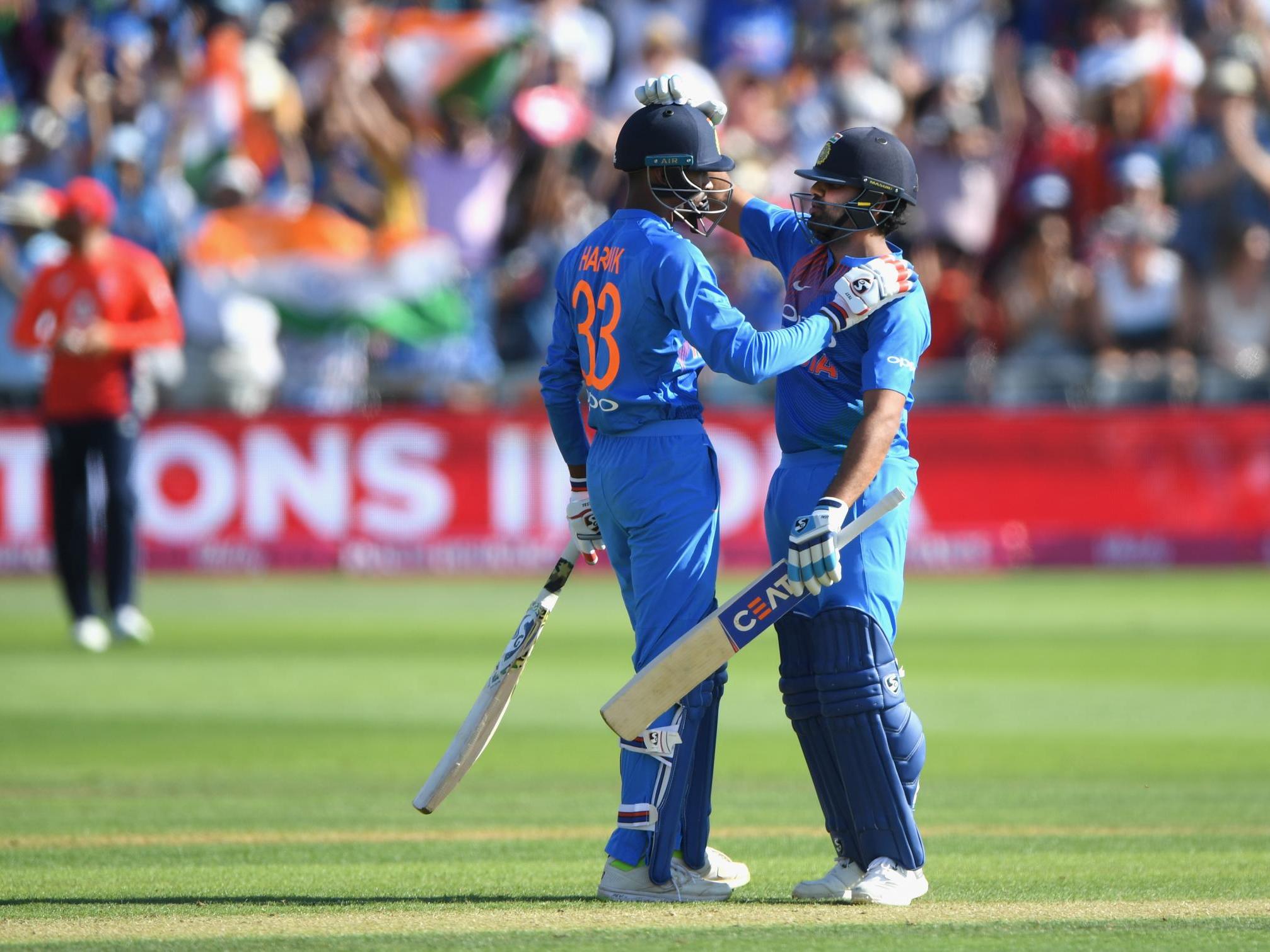 Rohit Sharma and Hardik Pandya celebrate after India’s victory