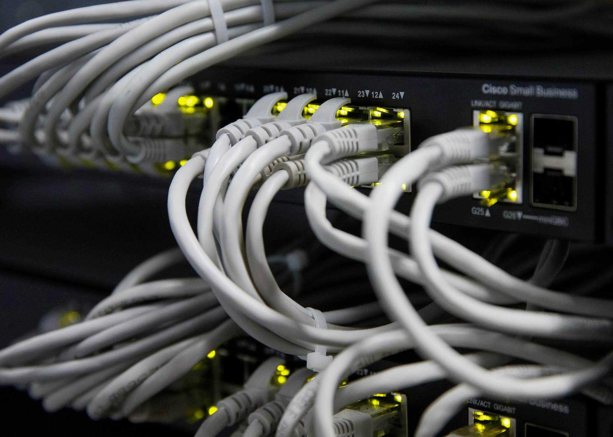 Ethernet cables used for internet connection are seen at the headquarters of the Wnet internet service provider in Kiev, Ukraine July 26, 2017