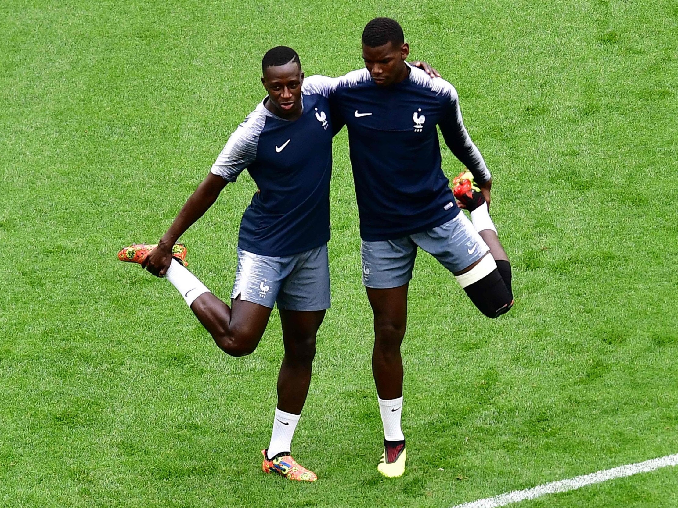 France's defender Benjamin Mendy and France's midfielder Paul Pogba take part in a training session of France's national football team