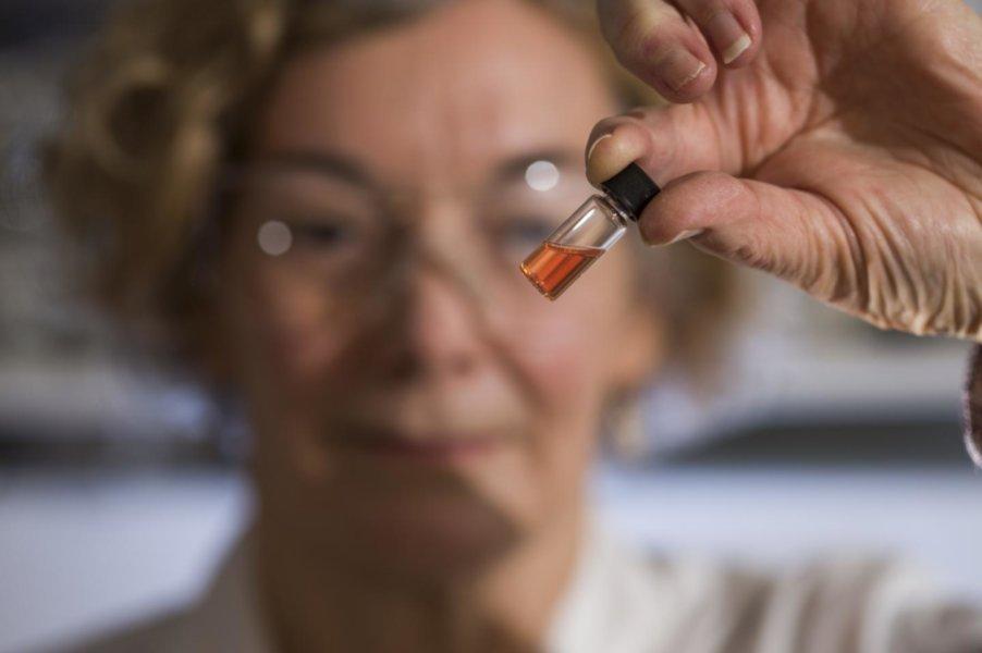 Biogeochemistry Lab Manager Janet Hope from the ANU Research School of Earth Sciences holds a vial of pink colored porphyrins representing the oldest intact pigments in the world