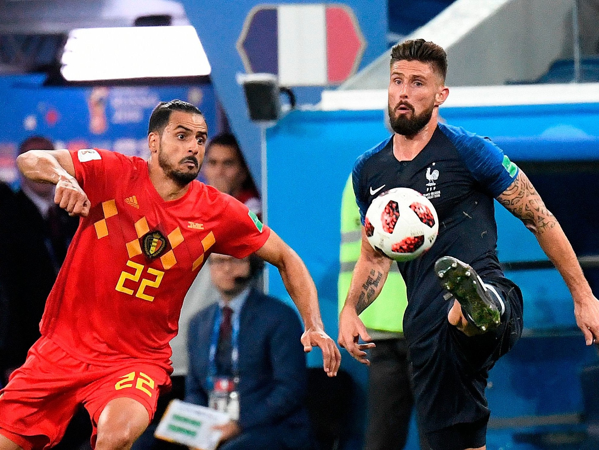 France invited Nacer Chadli to have the ball, with the makeshift wing-back unable to produce anything with it