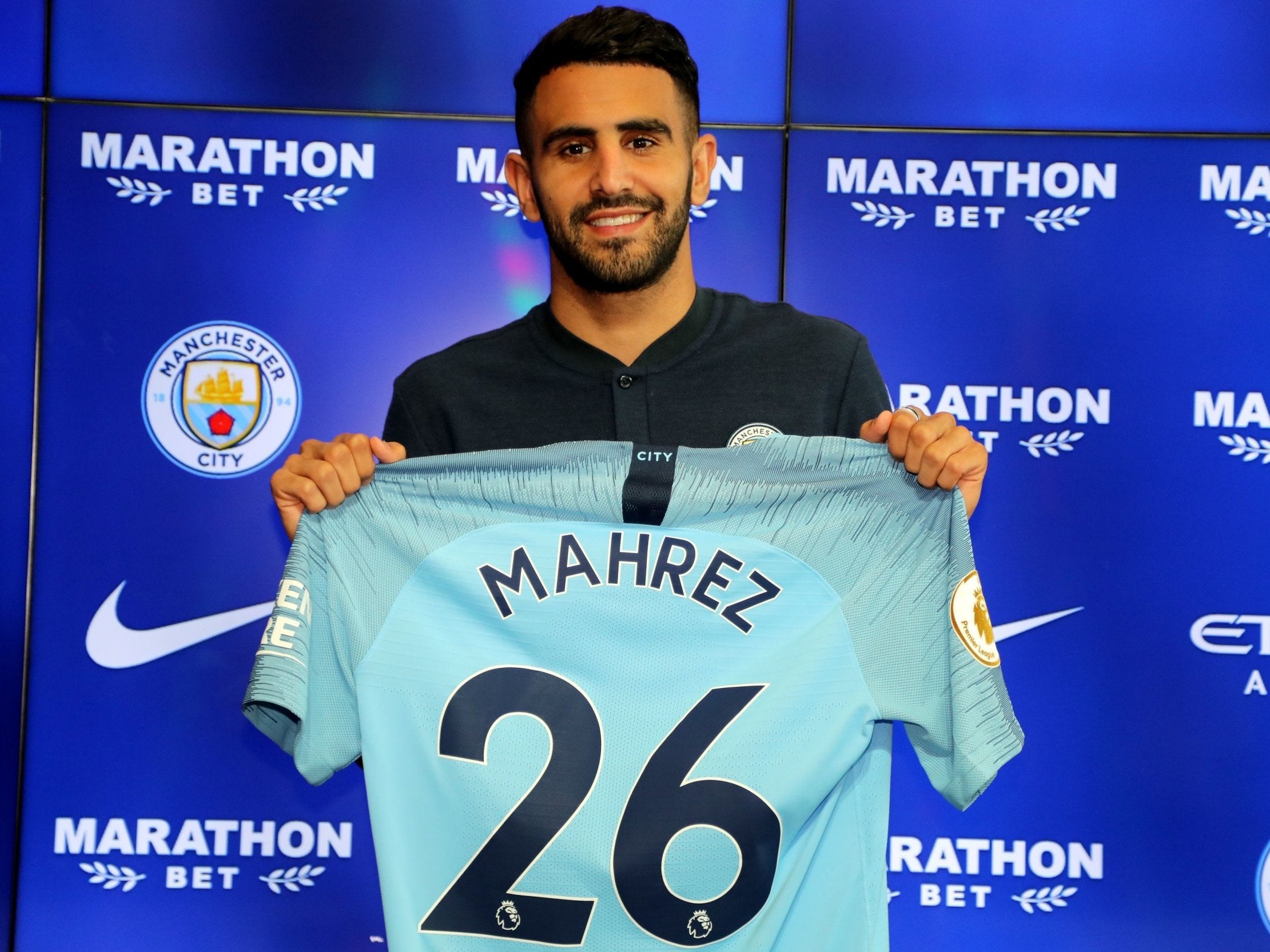 Riyad Mahrez is unveiled as a Manchester City player