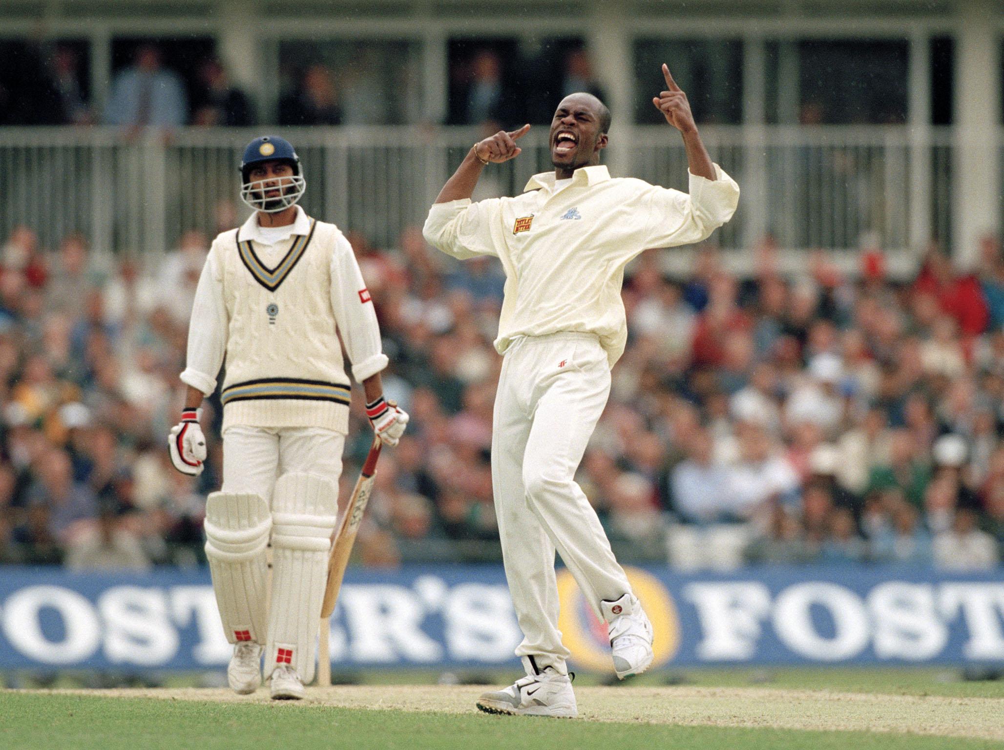 Chris Lewis celebrates during ODI match with India in 1996