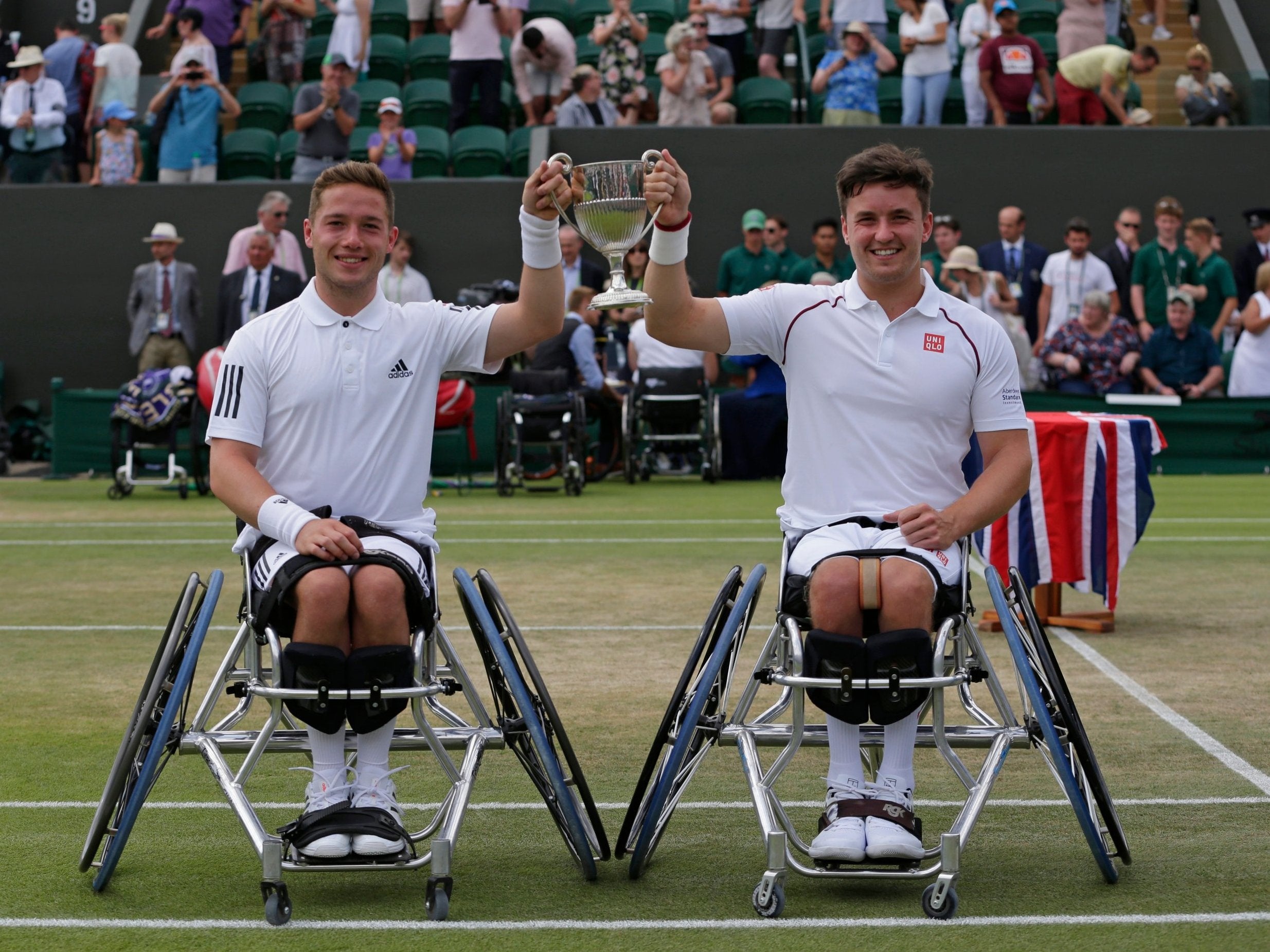 Alfie Hewitt (left) and Gordon Reid (right)celebrate winning the men's doubles wheelchair final