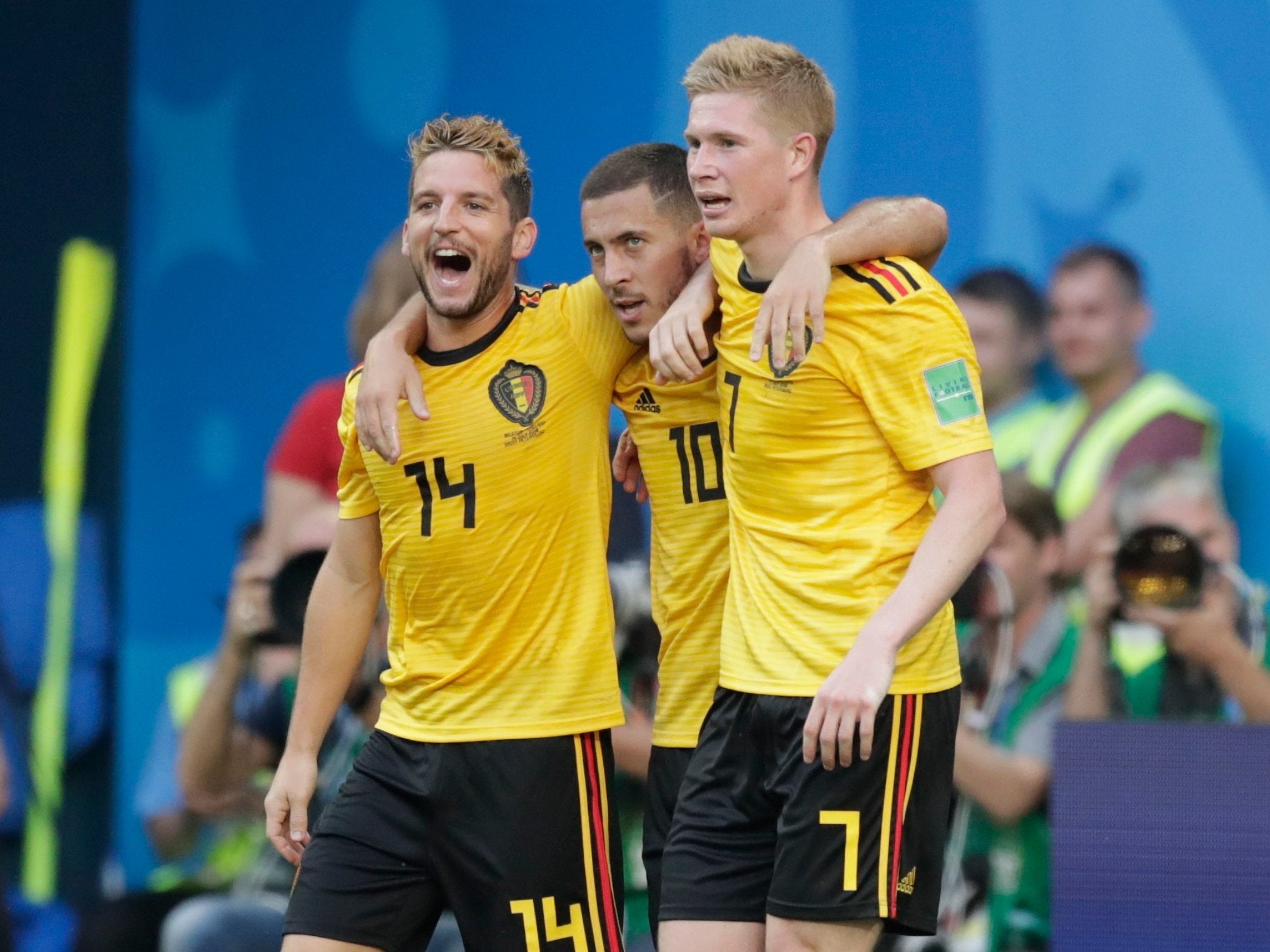 Eden Hazard celebrates with his Belgium teammates after scoring the second