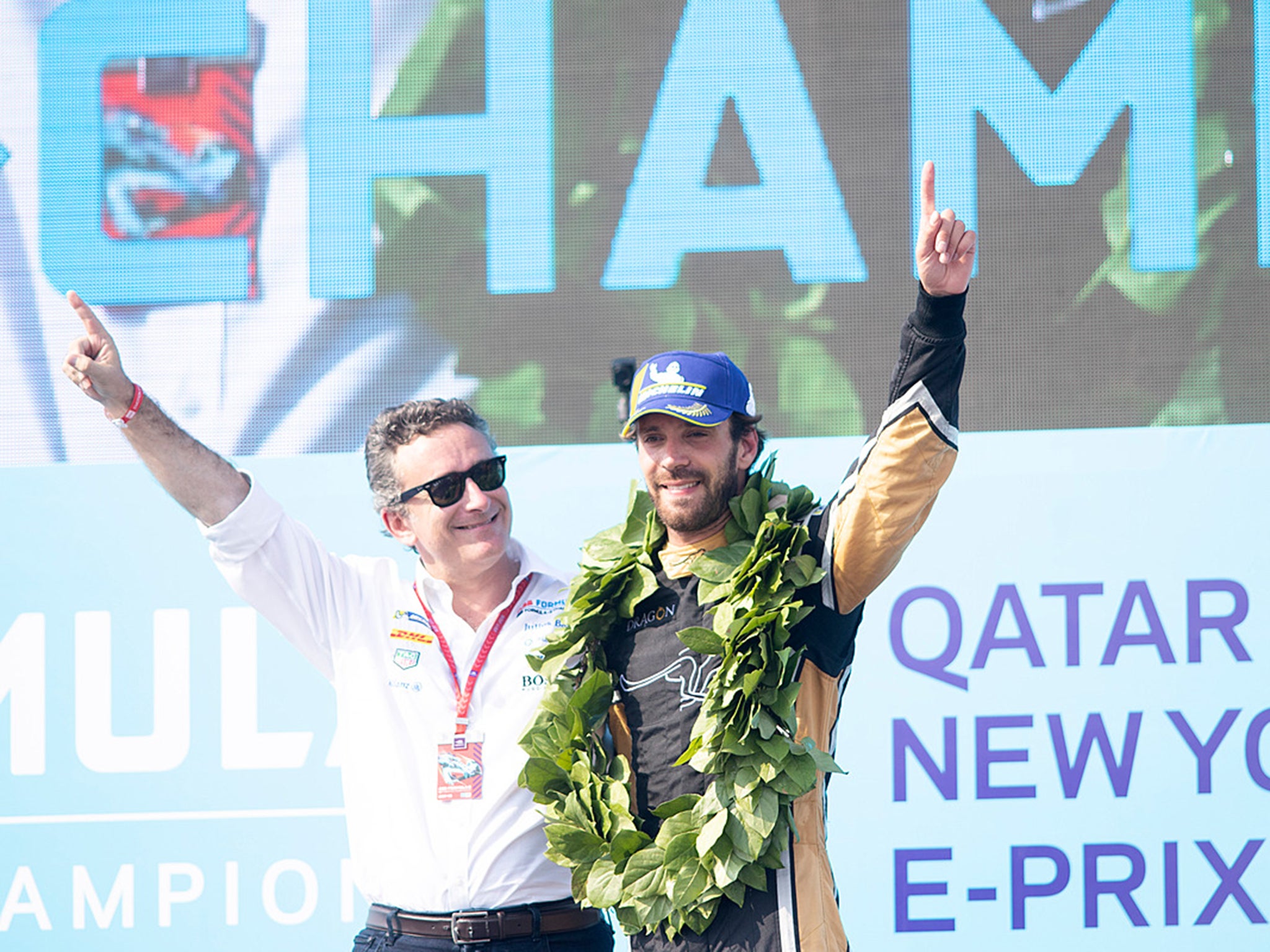 Vergen celebrates his triumph with Formula E CEO Alejandro Agag