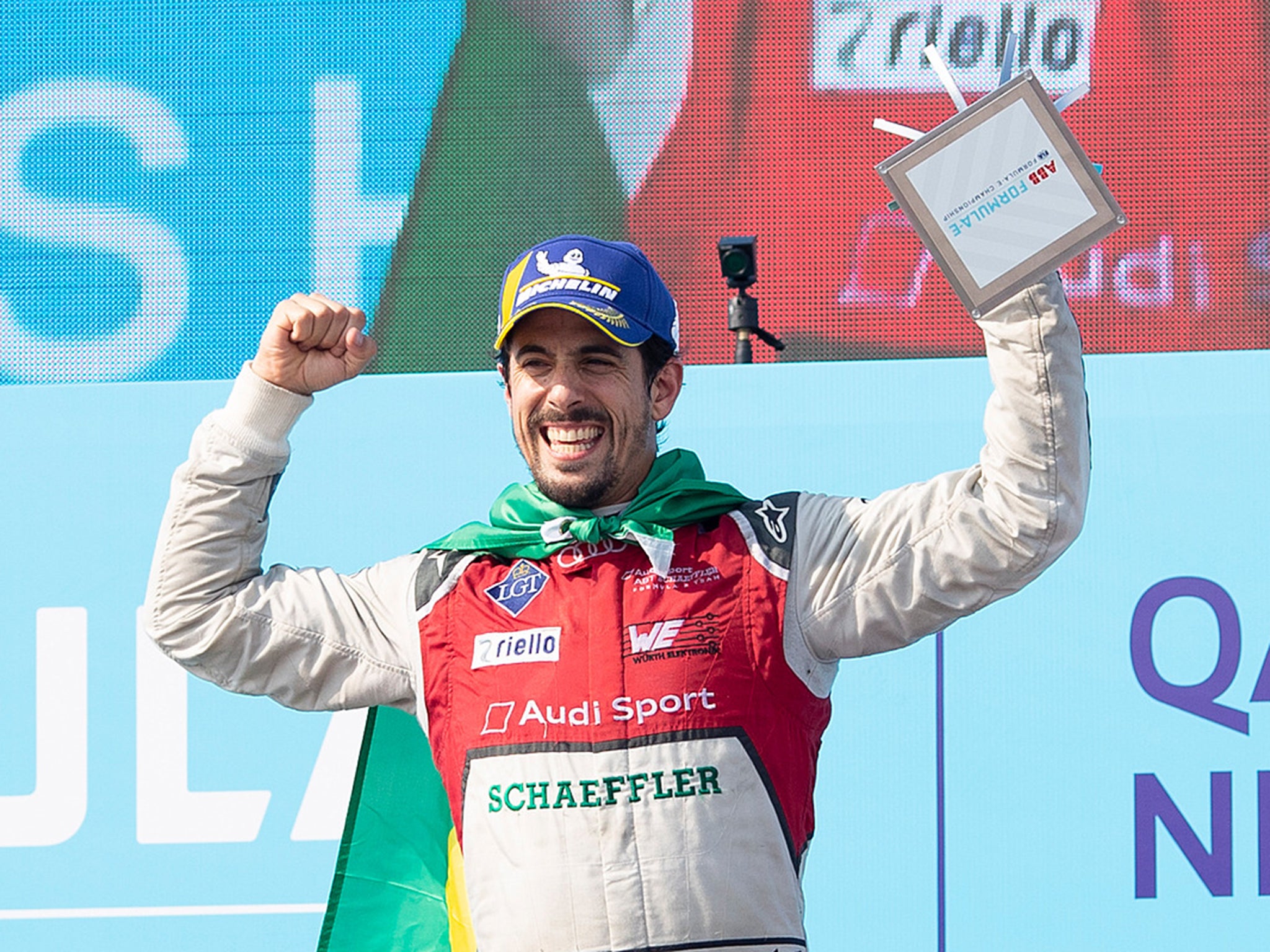 Lucas di Grassi celebrates victory in the first Formula E race in New York