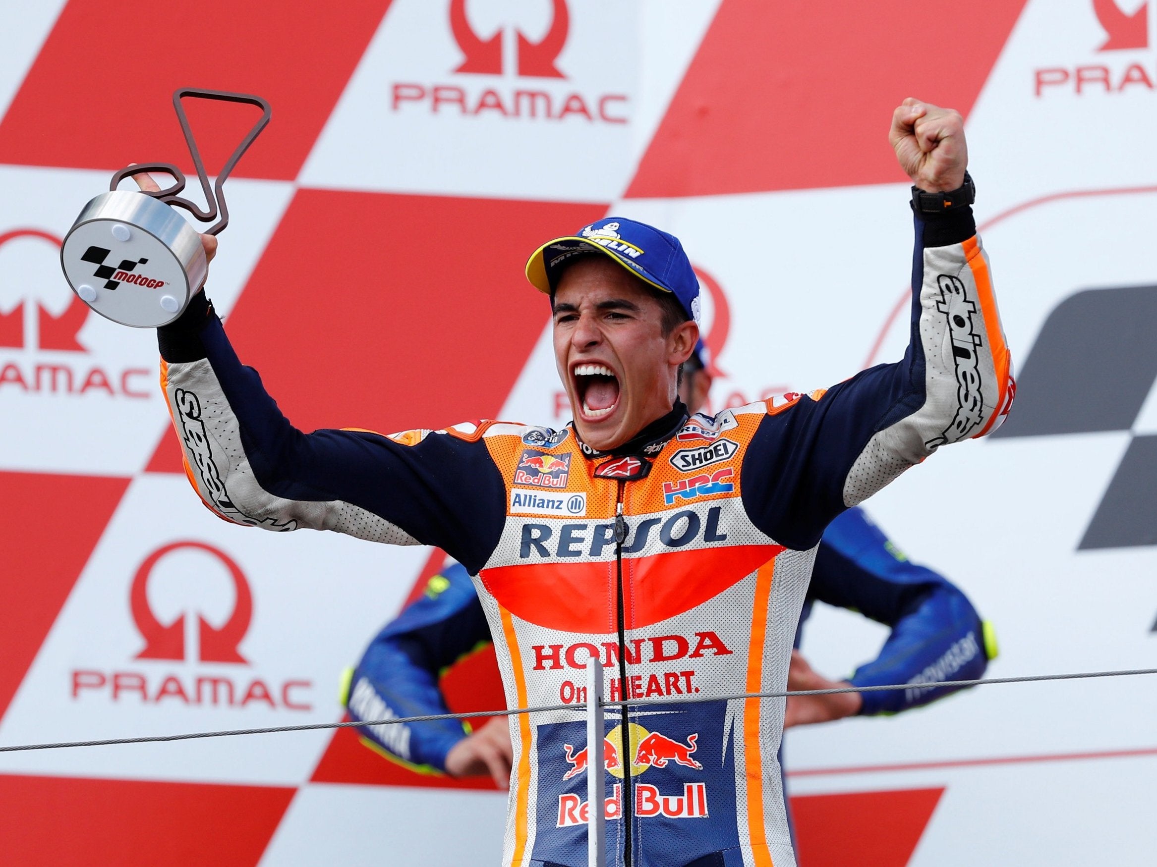 Marc Marquez celebrates winning the German Grand Prix at the Sachsenring