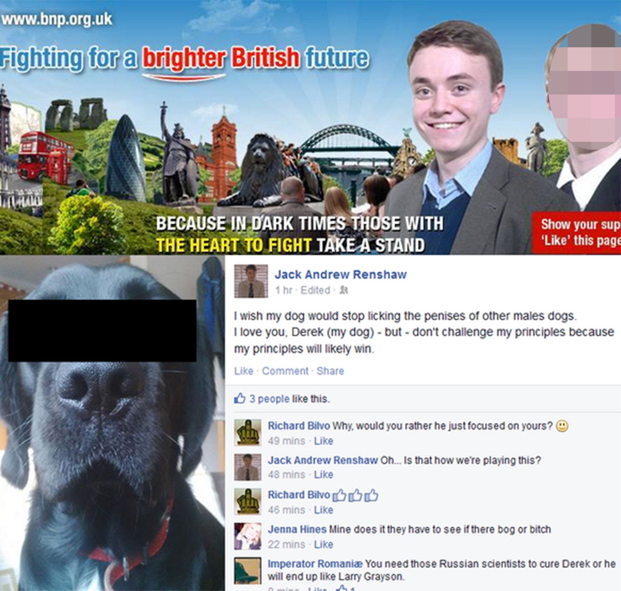 Jack Renshaw was ridiculed in 2014 for a post made as BNP Youth leader where he voiced fears his dog was gay