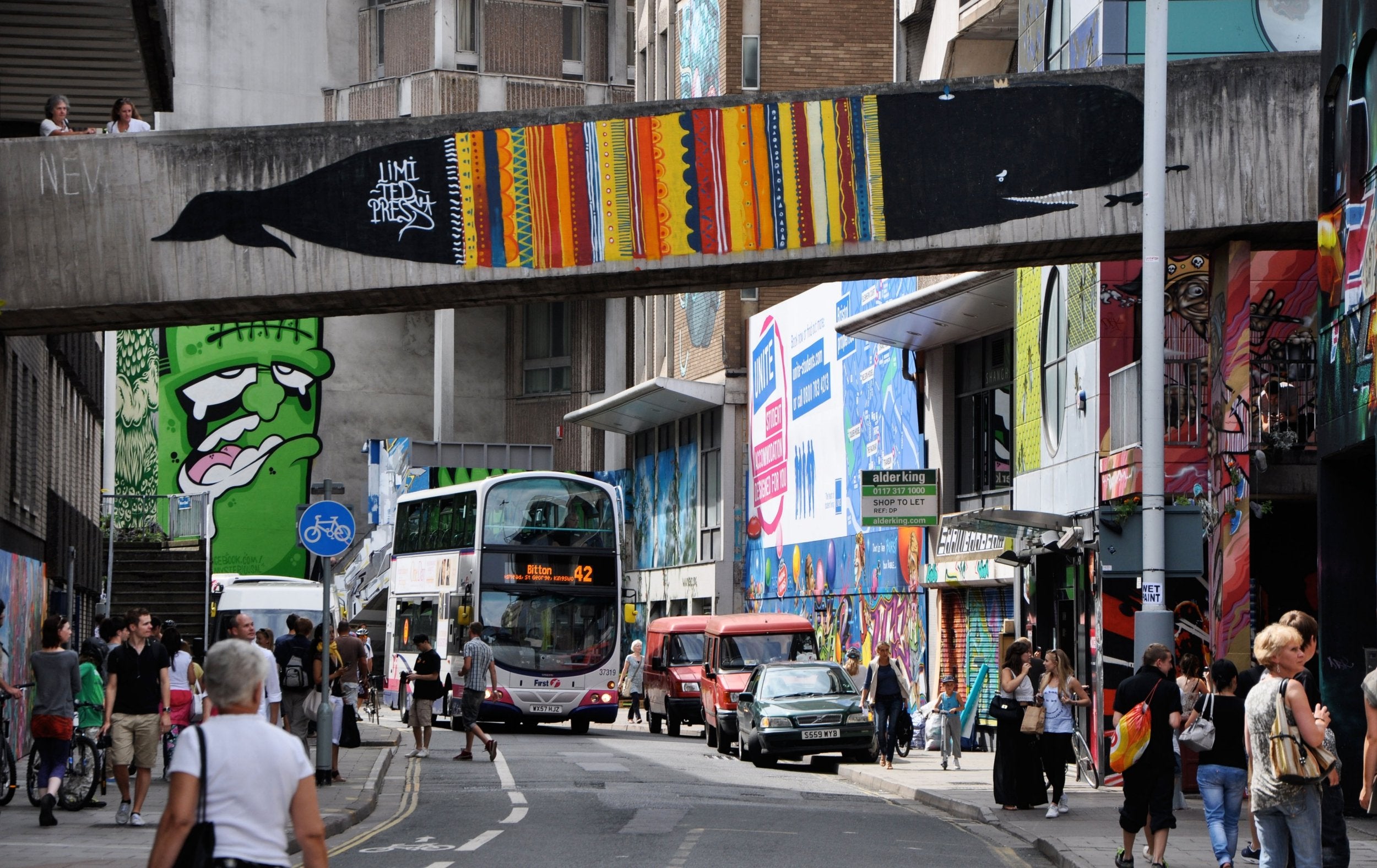 The city centre of Bristol is covered in street art that often takes over entire buildings