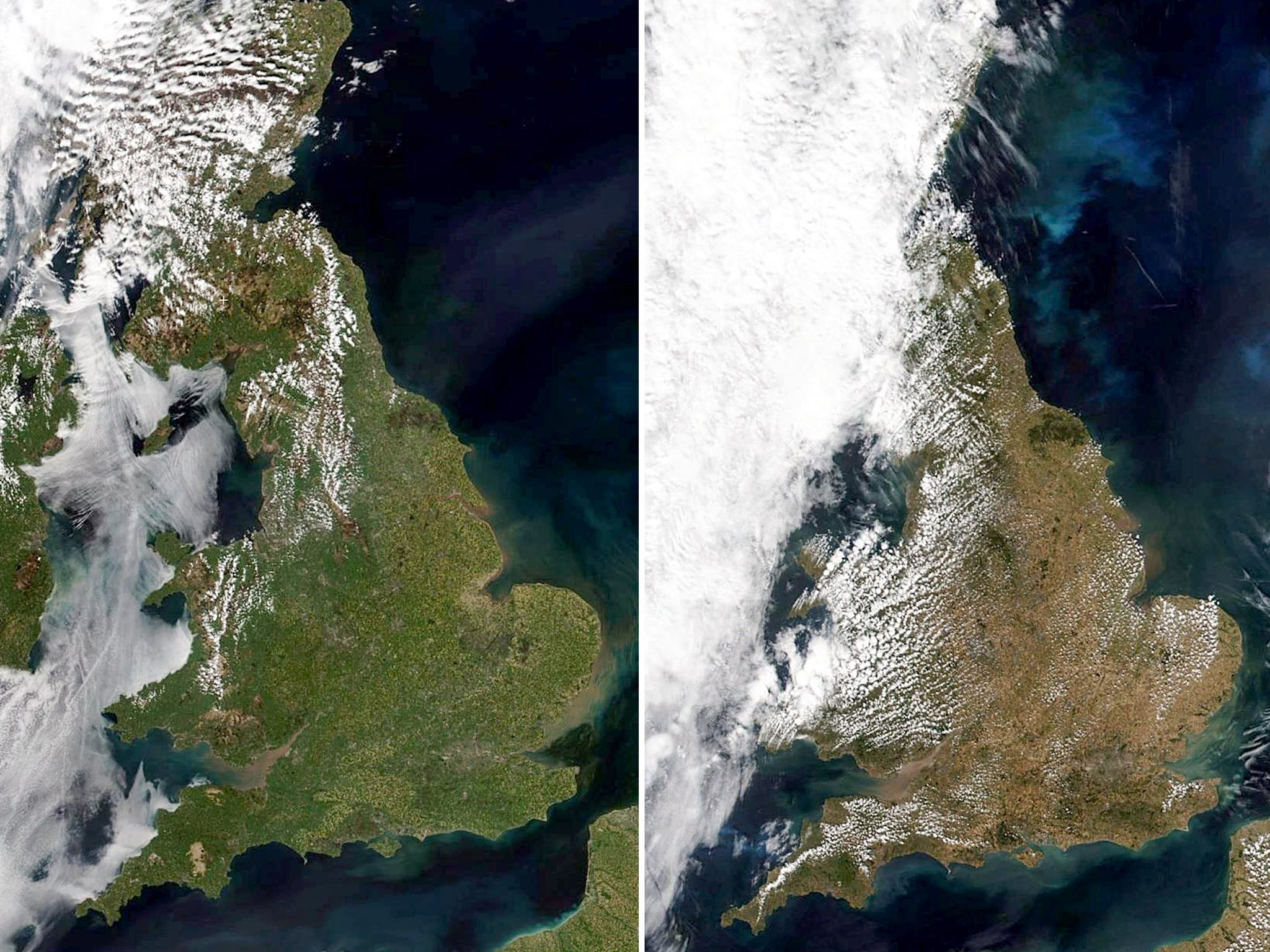 Satellite images show the contrast between a green Britain in May and the effects of the drought in a recent picture