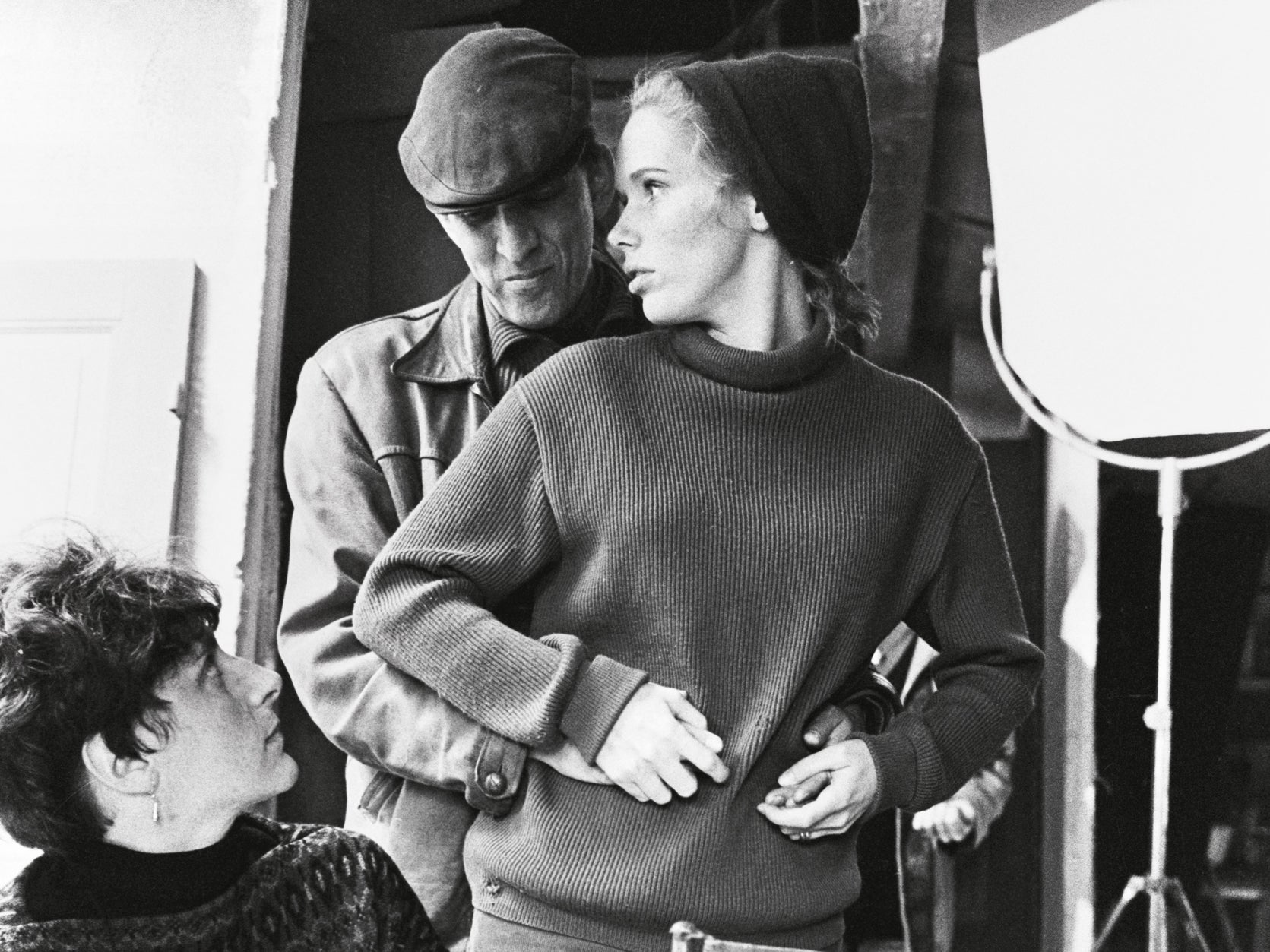 Bergman rehearses with Liv Ullmann under the watchful eye of continuity expert Katinka Faragó on set of 1968 film ‘Shame’