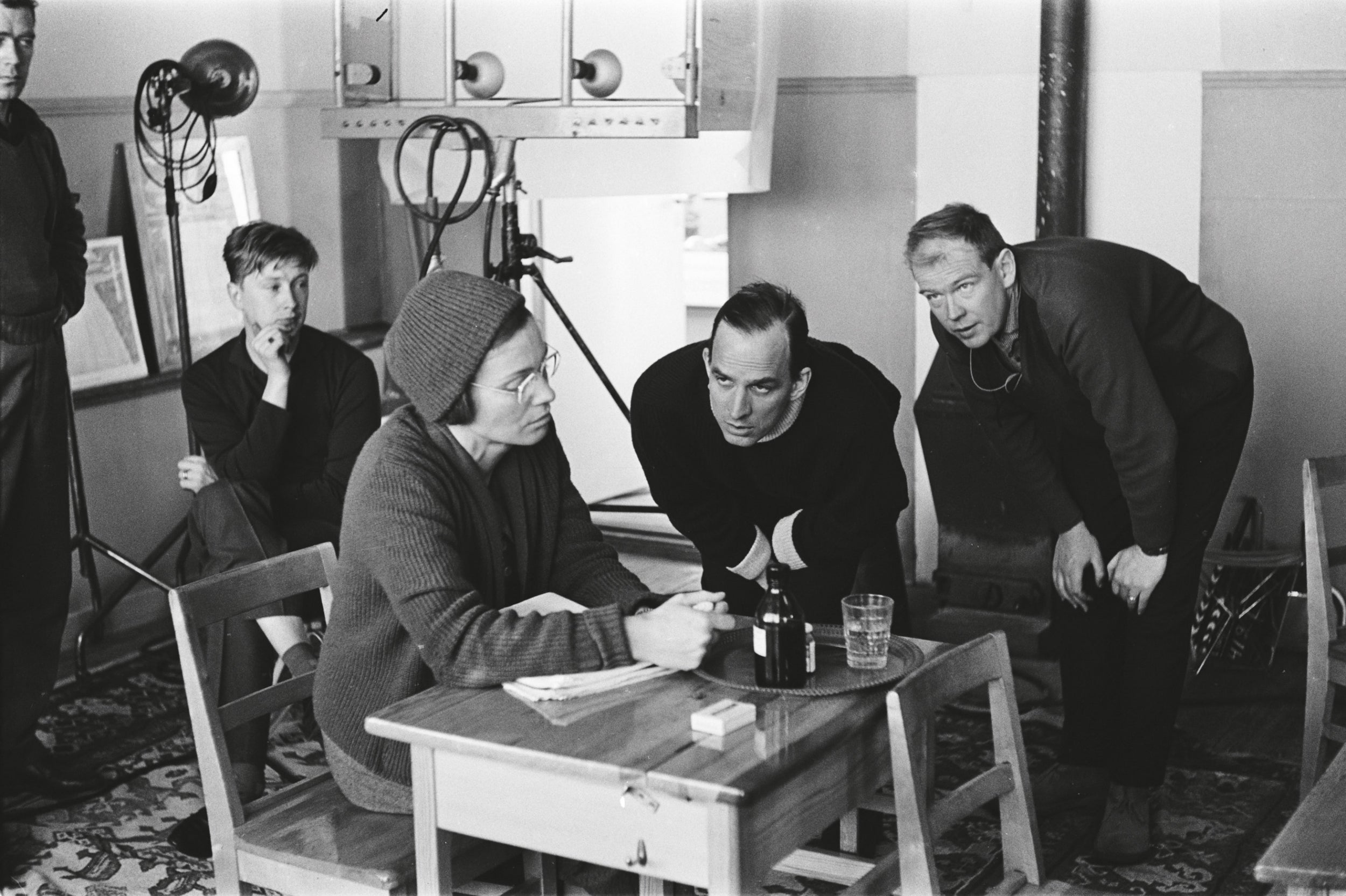 Sven Nykvist behind Bergman as Ingrid Thulin rehearses a scene in ‘Winter Light’