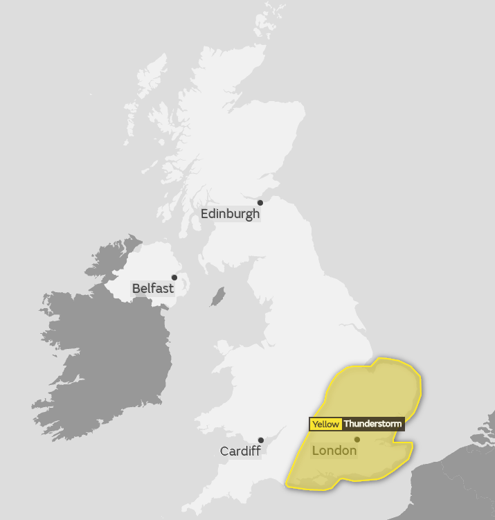 Yellow weather warning for thunderstorms issued for the southeast