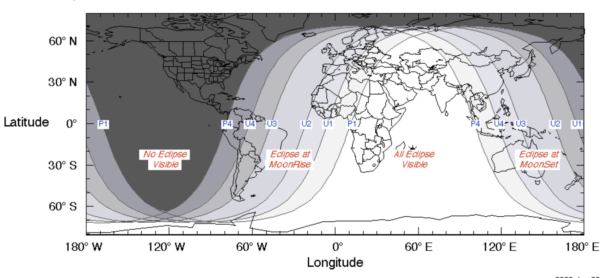 Visibility map of the lunar eclipse