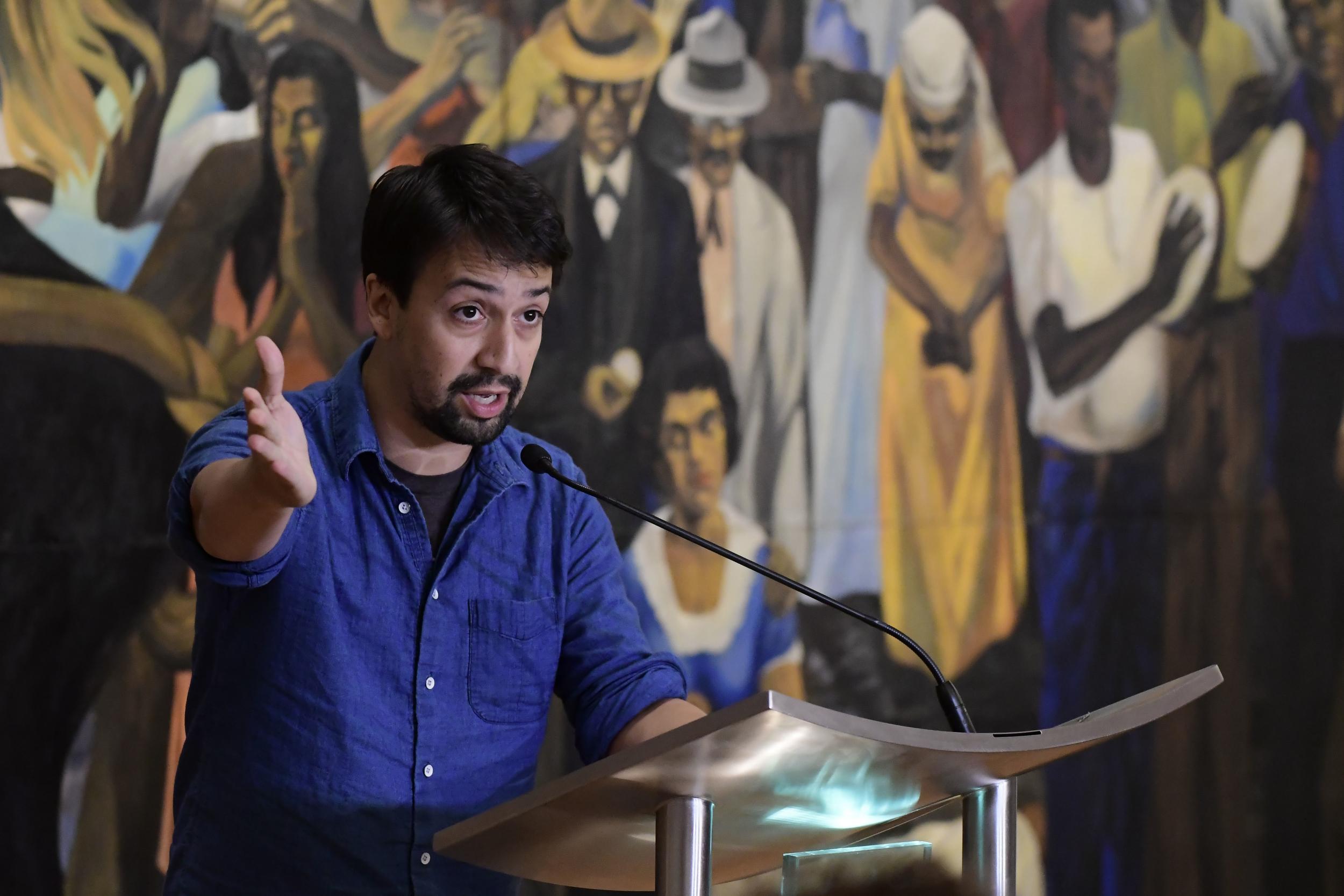 "Hamilton" playwright Lin-Manuel Miranda gives a press conference at the Art Museum of Puerto Rico in San Juan, Puerto Rico