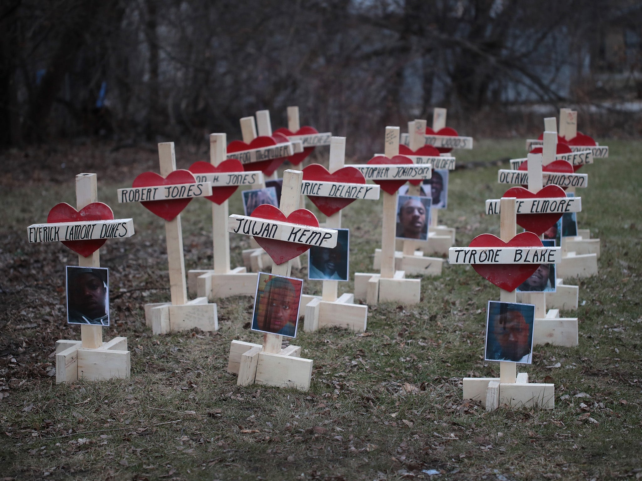 A series of crosses, each representing a murder victim, built by carpenter Greg Zanis in Englewood, Chicago. Crosses for Losses is Zanis's campaign to highlight murder rates in the US