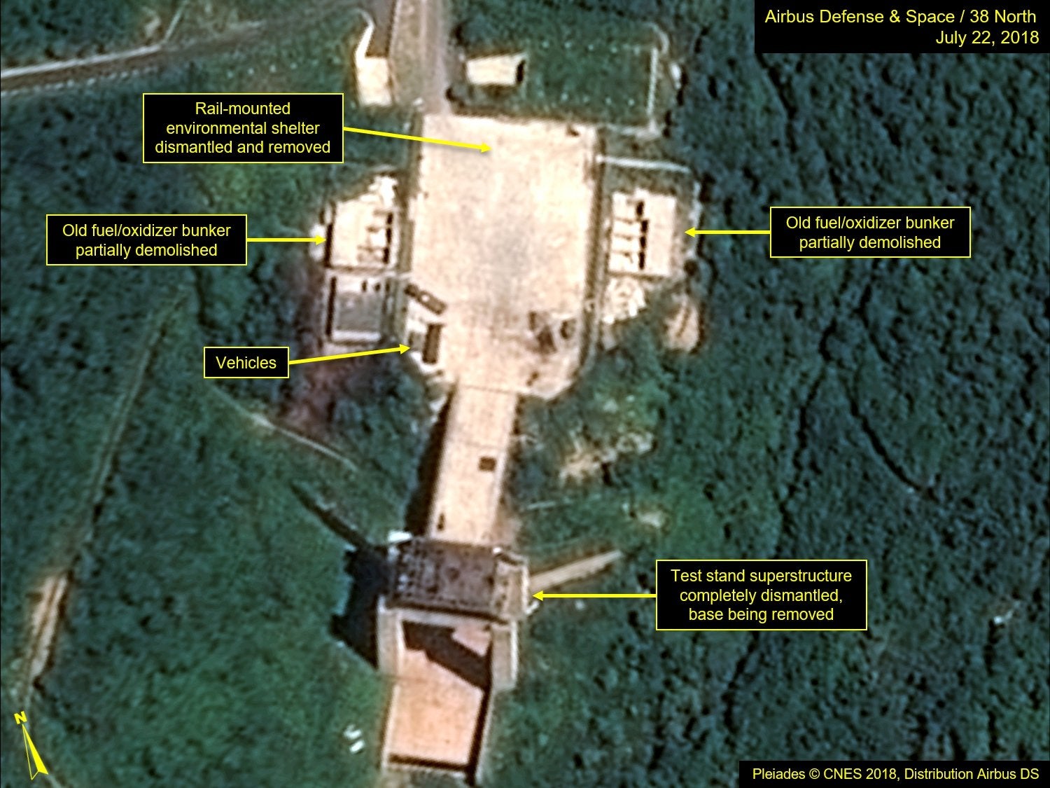 Satellite image by Airbus Defense and Space and 38 North, showing the apparent dismantling of facilities at the Sohae satellite launching station, North Korea