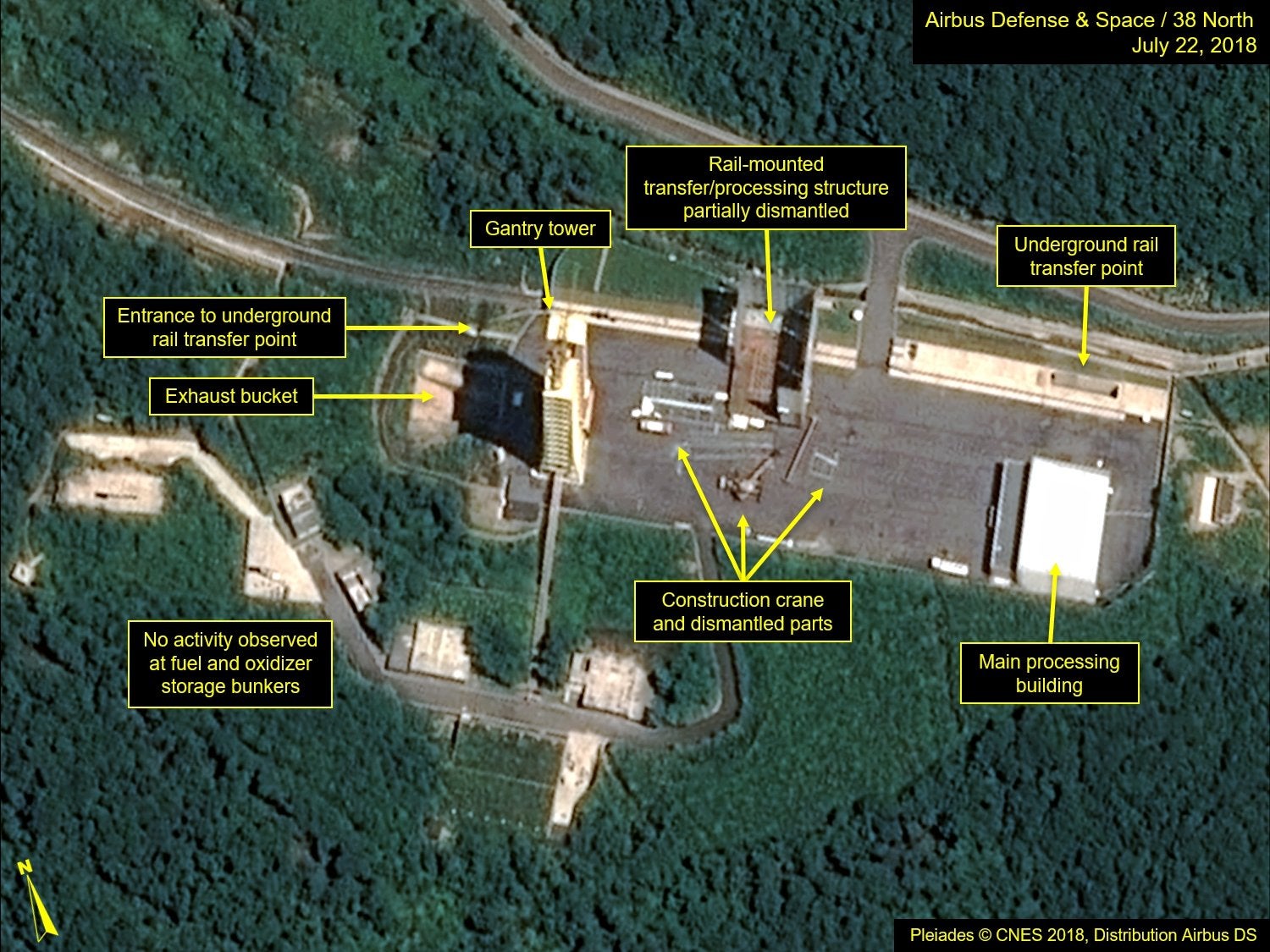 Satellite image from Airbus Defense and Space and 38 North, shows the apparent dismantling of facilities at the Sohae satellite launching station, North Korea (AFP/Getty )