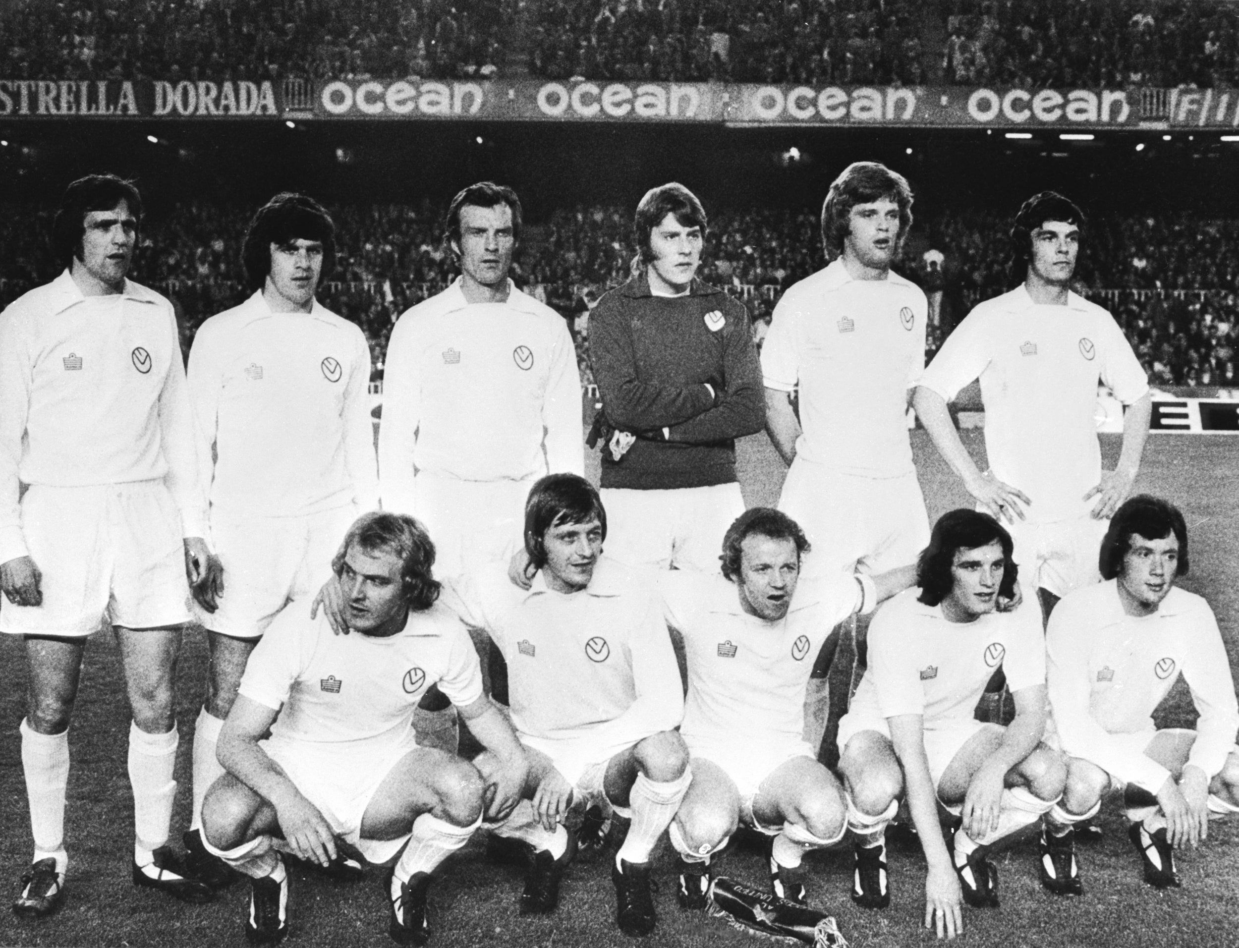 Norman Hunter (back left) lines up ahead of Leeds’ European Cup semi-final against Barcelona, 1975