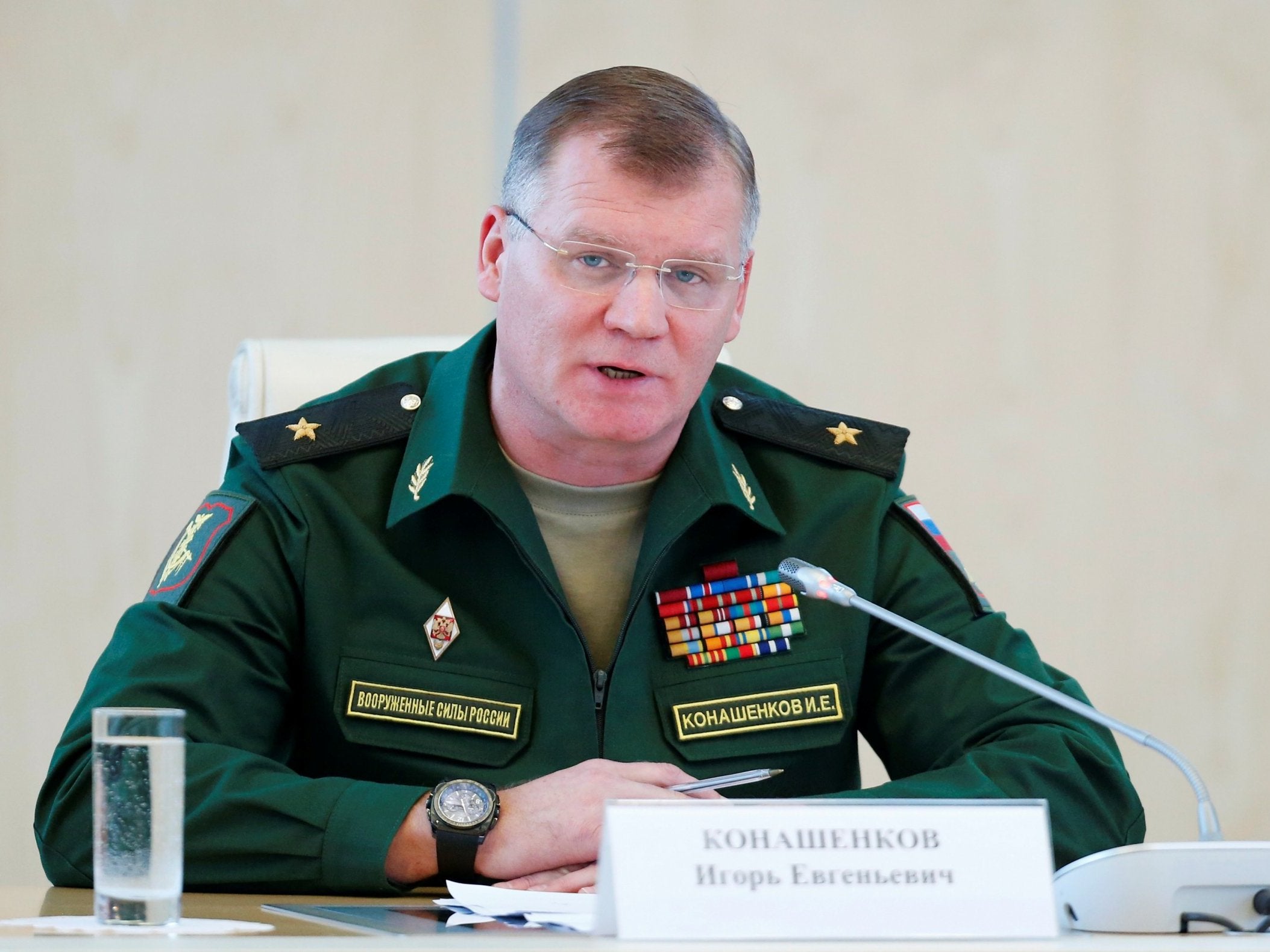 Spokesman for the Russian Defence Ministry, Major-General Igor Konashenkov speaks during a news conference in Moscow