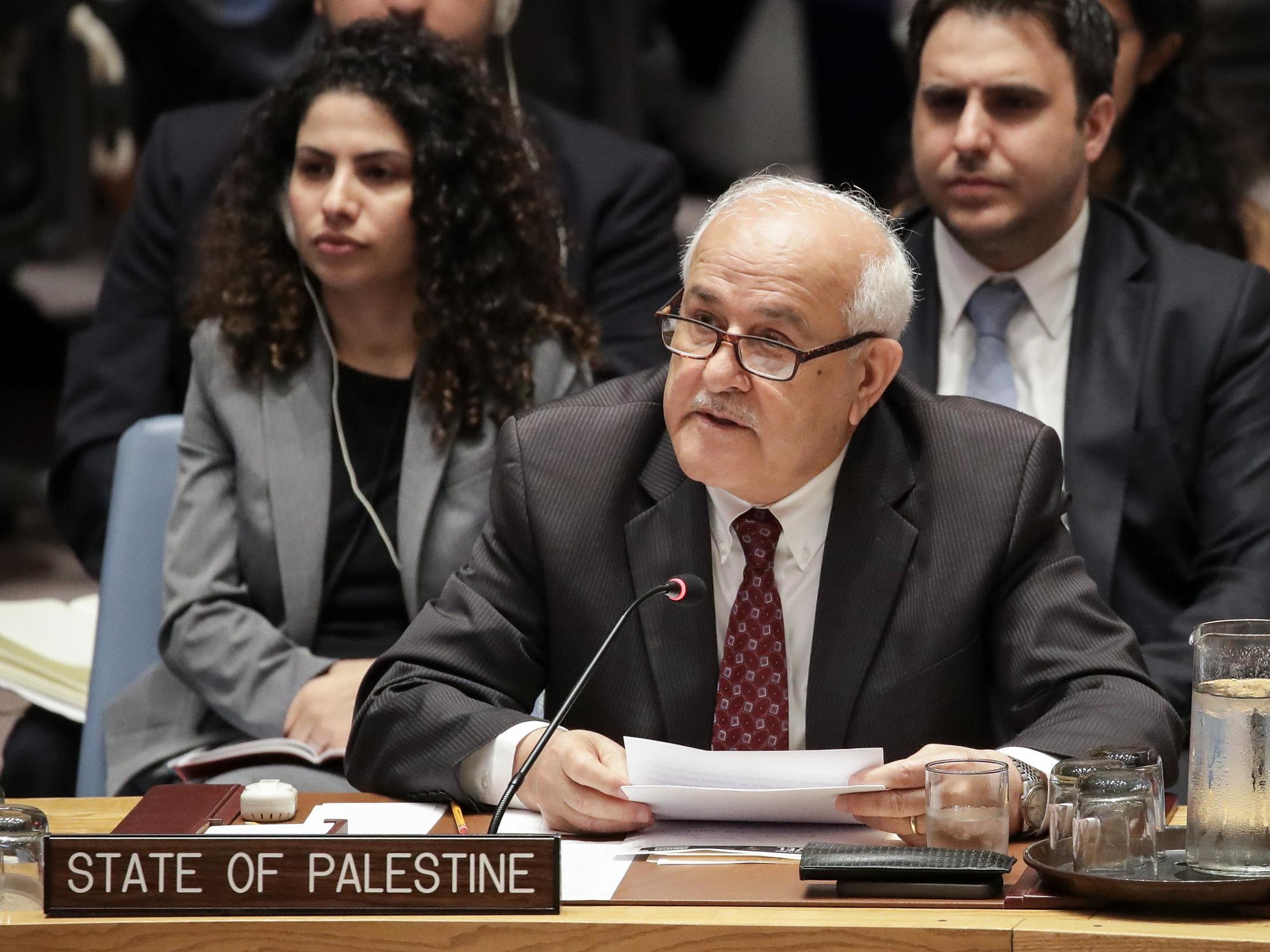 Permanent Observer of Palestine to the United Nations Riyad Mansour speaks during a United Nations Security Council meeting