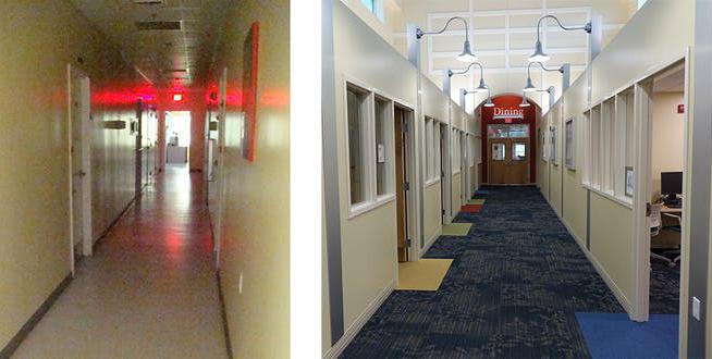 These hallways send contrasting messages to residents, staff and visitors. Right: Kearney Centre, Clemons Rutherford Architects (Jill Pable)