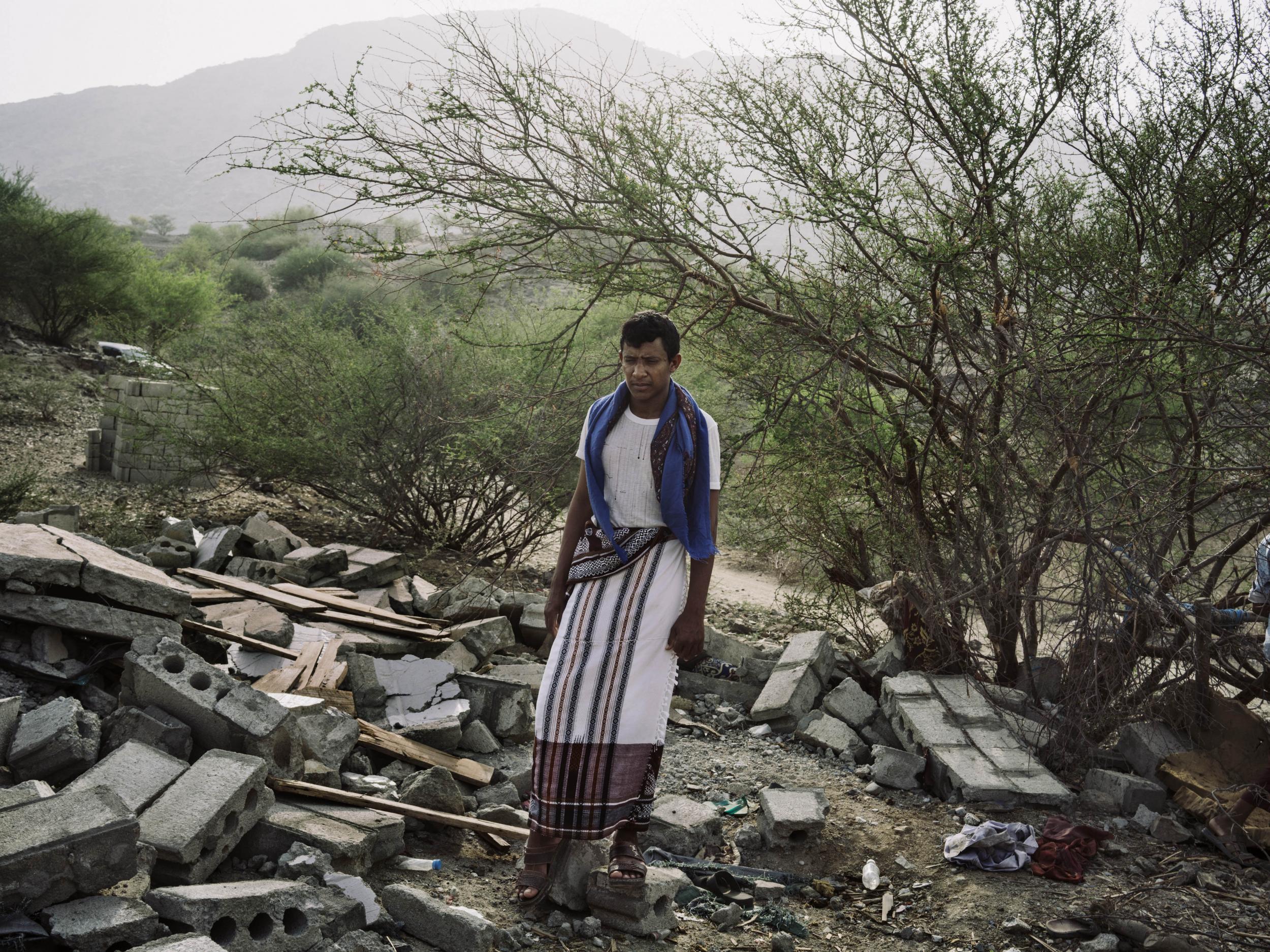 The groom, Yahya Jaffer al-Musabi, stands on the site of the attack on his wedding party