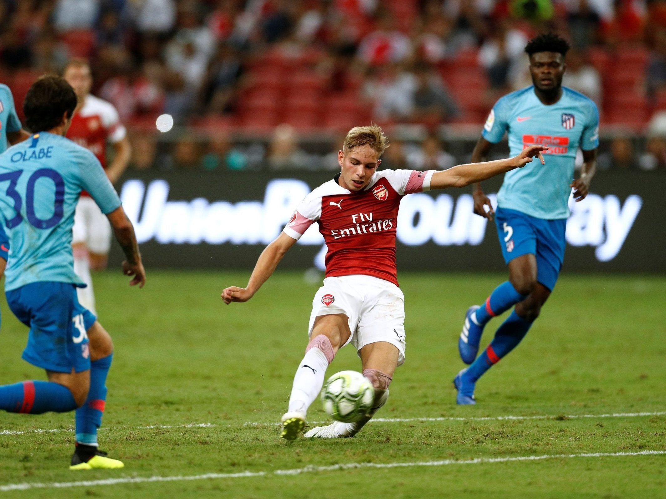 Smith Rowe curls home his wonder goal against Atletico Madrid