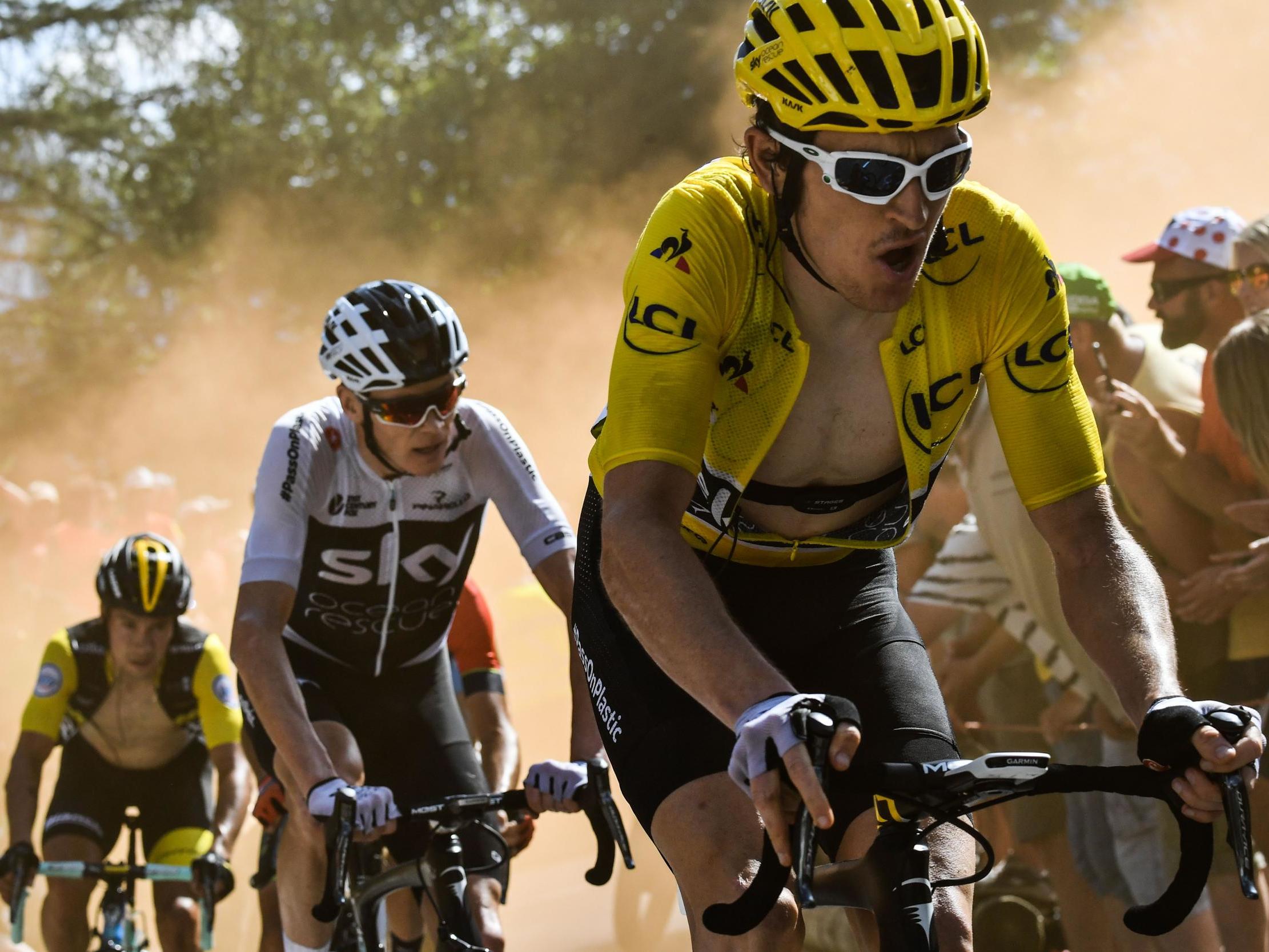 Geraint Thomas leads Chris Froome up the famous Alpe d'Huez