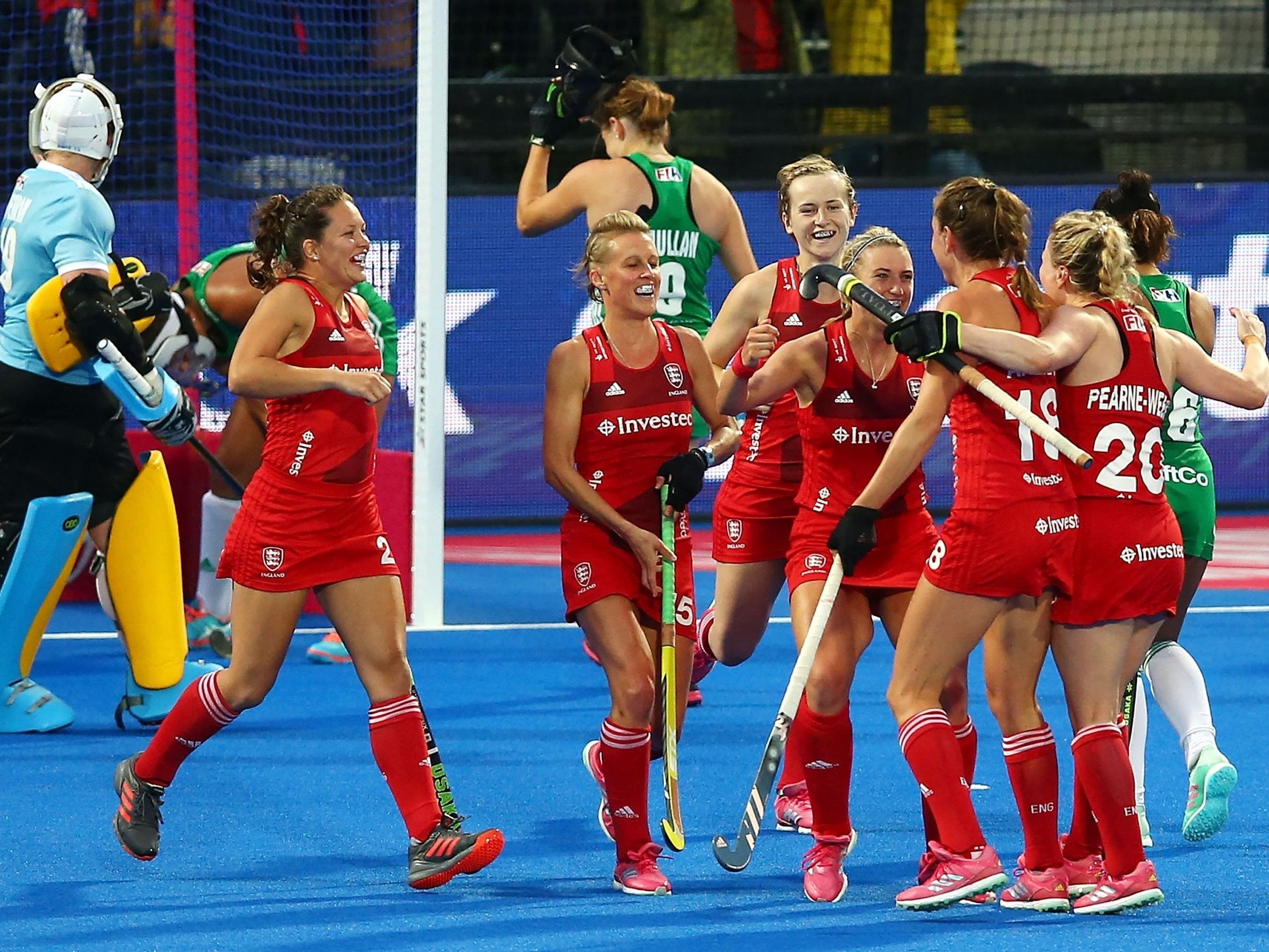 England celebrate their winning goal during the 1-0 victory over Ireland at the Women's Hockey World Cup