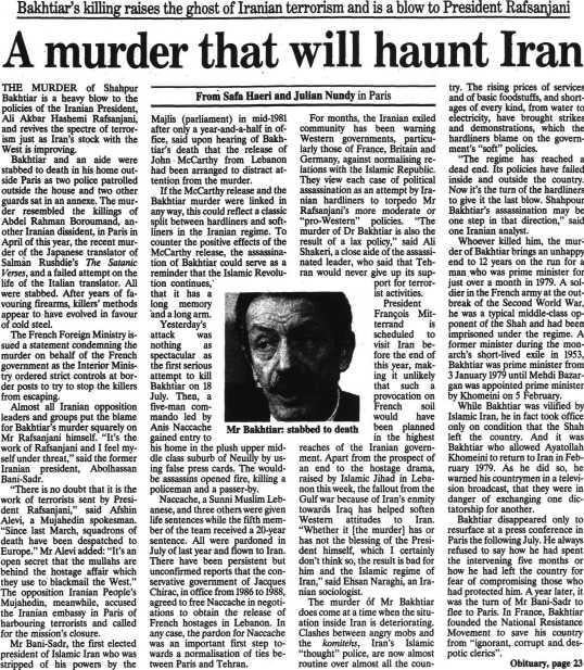 The Independent reports on the killing of Shapour Bakhtiar in 1991