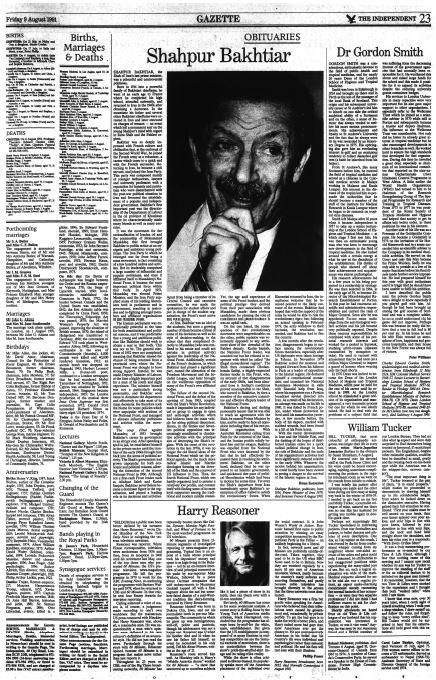 The Independent’s obituary for Bakhtiar, Friday 9 August 1991