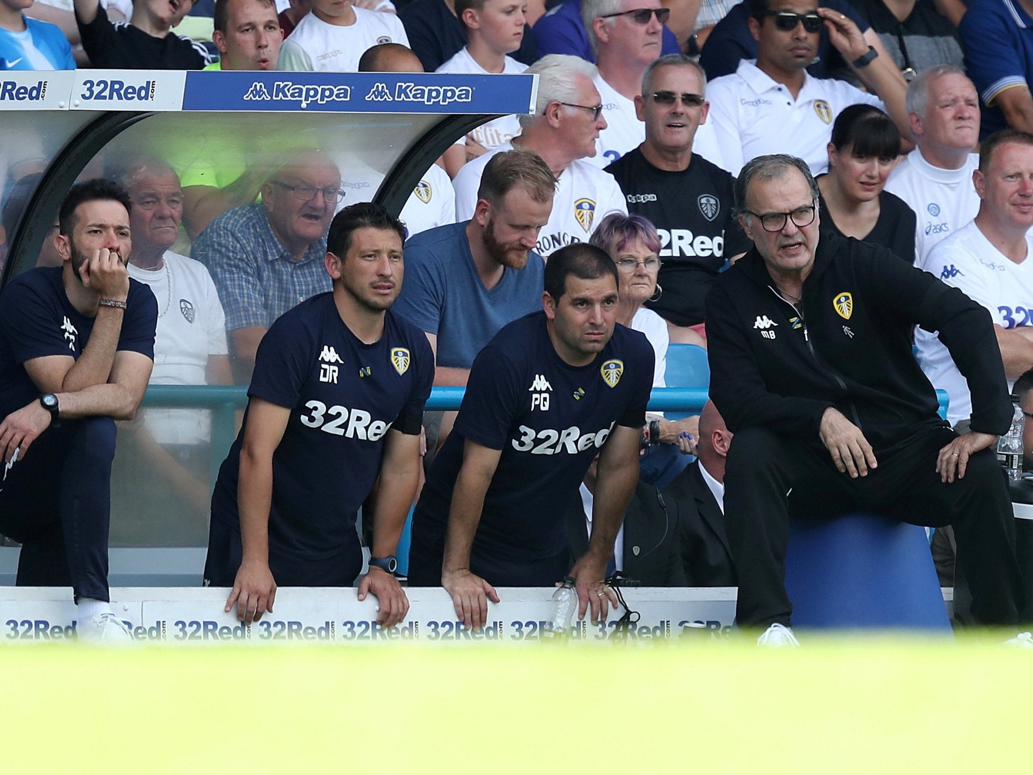 Marcelo Bielsa watches on from his blue stool