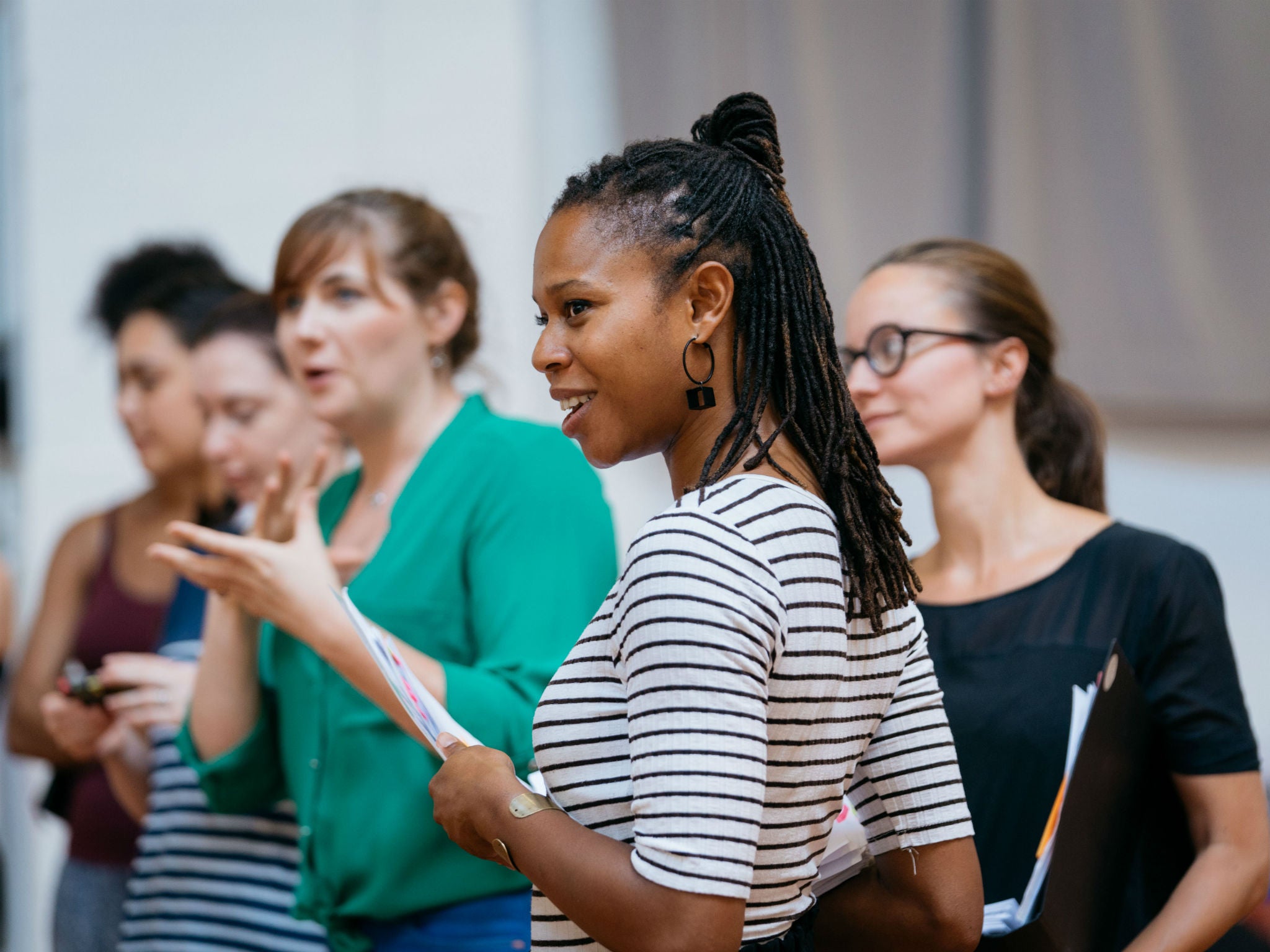 Director Nicole Charles in rehearsal for Morgan Lloyd Malcolm's new play Emilia, at Shakespeare's Globe