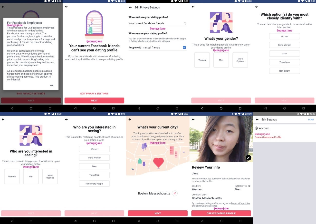 Screen grabs of Facebook's dating feature were shared by computer scientist Jane Manchun Wong on Twitter