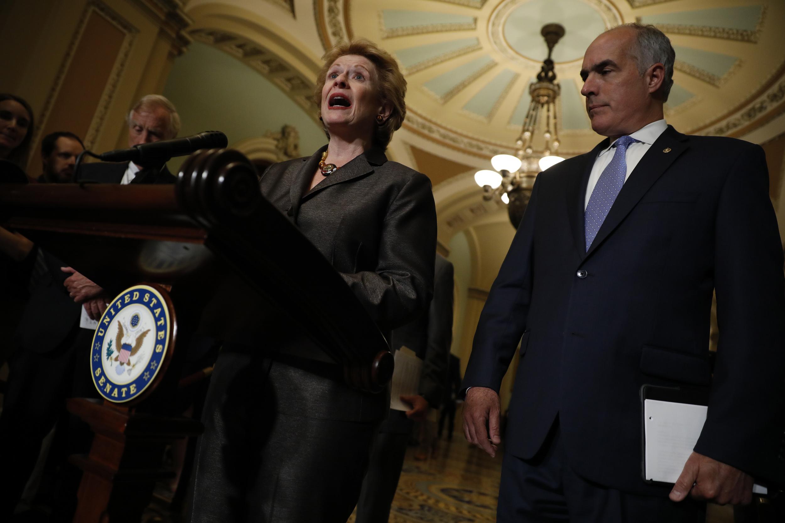 Senator Debbie Stabenow speaks with reporters following the weekly policy luncheons in Washington