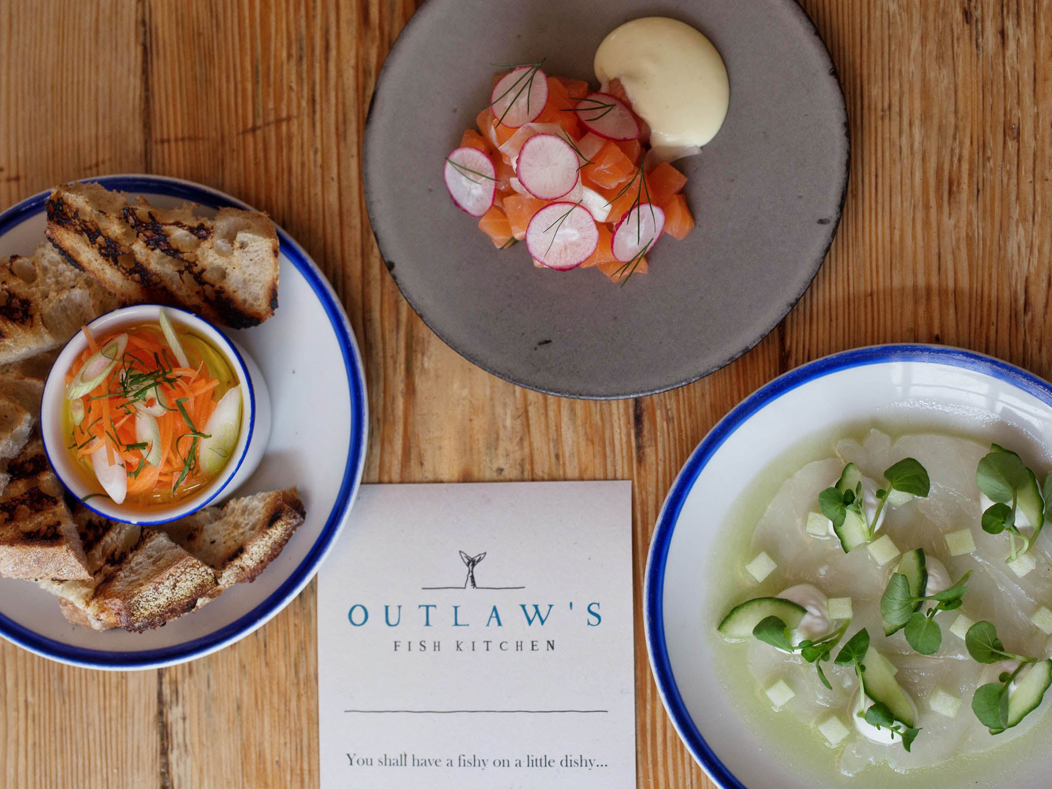 At the bottom of Port Isaac, opposite the harbour, is Outlaw’s Fish Kitchen restaurant, serving small plates